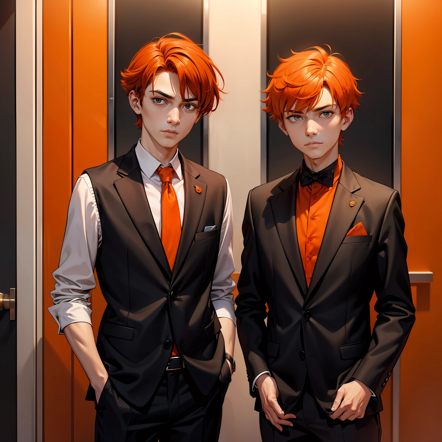 papa, Mom brothers pose serious for photo orange hair smart clothes of orange and black ceda
