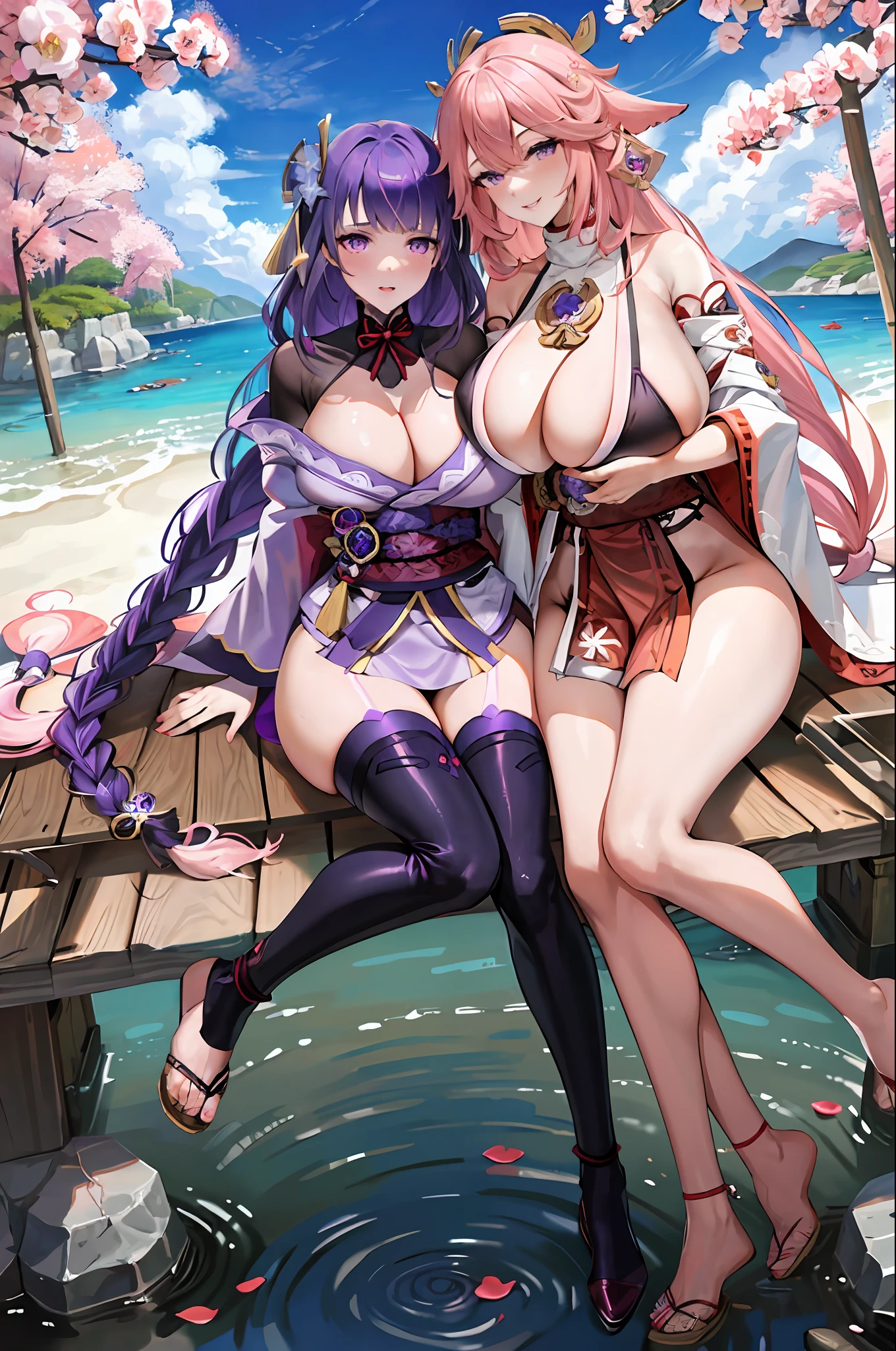 masterpiece, best quality,multiple girls, breasts, (2girls:1.3), yae miko, raiden shogun, purple eyes, pink hair, japanese clothes, purple hair, (gigantic breasts:1.4), long hair, cleavage, hair ornament, thighs, purple kimono, thighhighs, bangs, animal ears, detached sleeves, fox ears, wide sleeves, kimono, moon, weapon, braid,(kbxll:0.8),mature female,thick thighs,
plump figure,smile,