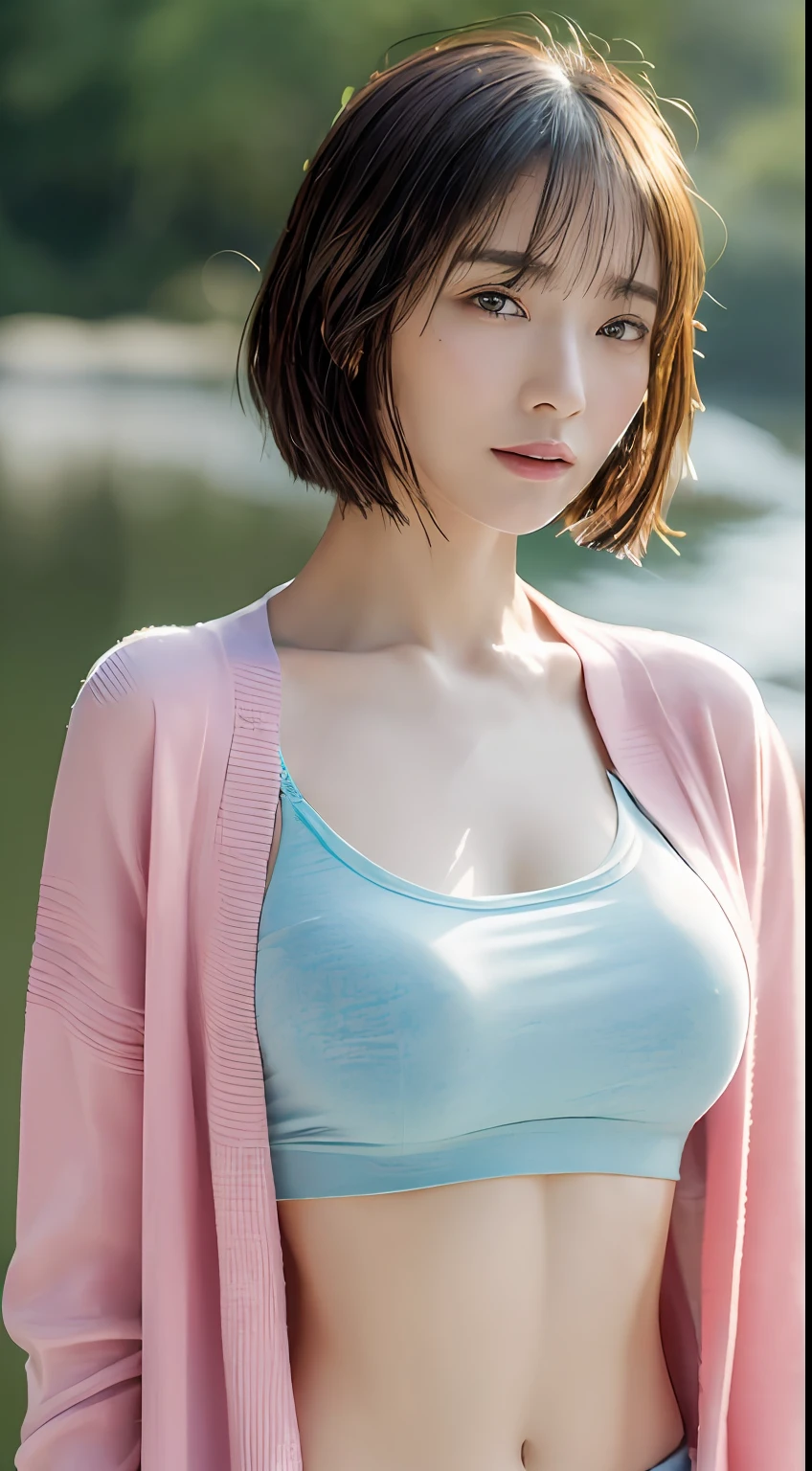 ((top-quality、8K、​masterpiece:1.3))、***1人、Beautiful woman with slender abs:1.3、(Medium short hair、爆乳:1.2)、Cardigan:1.1、hyperdetailed face、A detailed eye、二重まぶた　pink there　Eau　getting wet　tshirts　huge tit