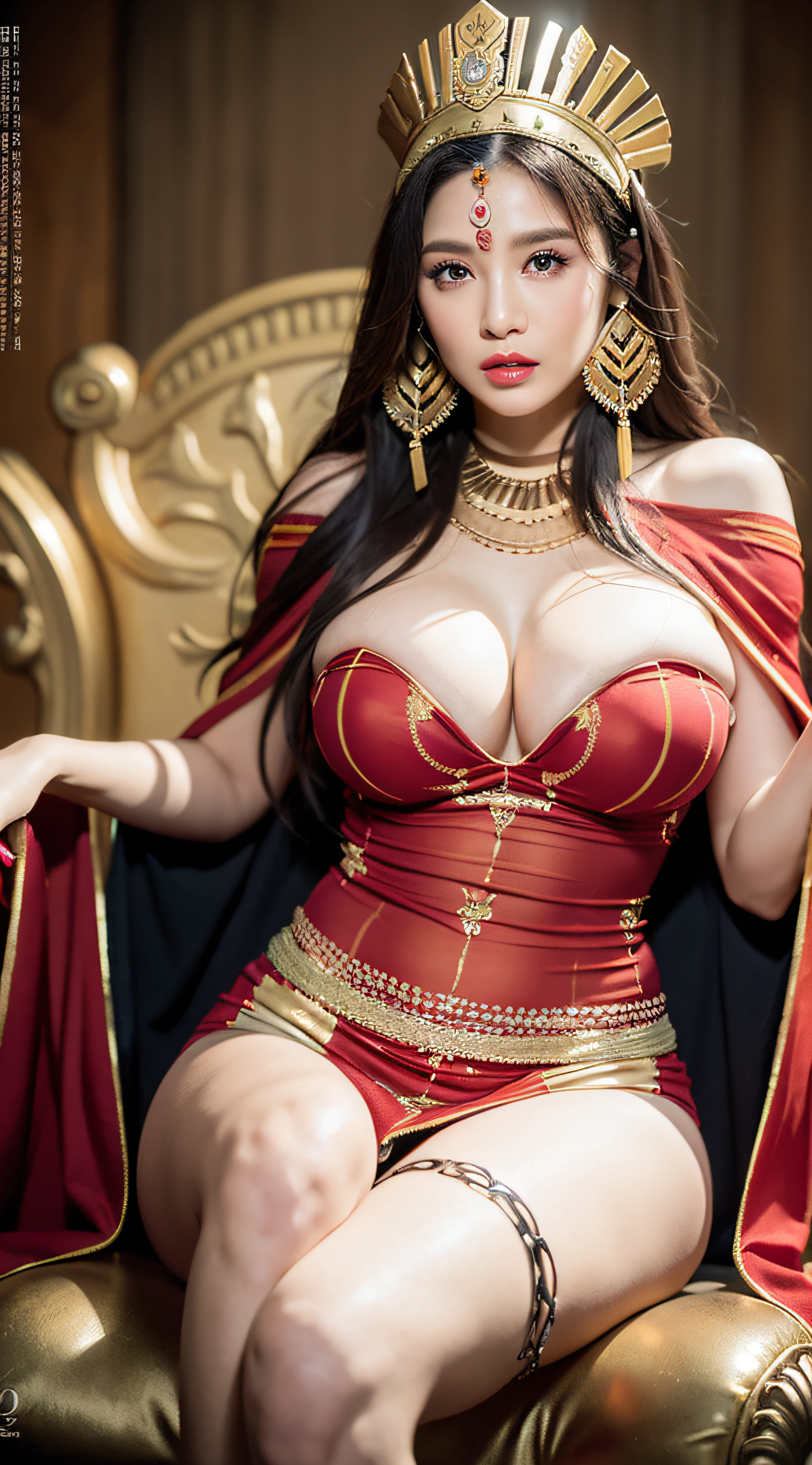 ((Realistic lighting, Masterpiece: 1.3)), (raw photo:1.2), Hyperrealist portrait gorgeous Beautiful tribal Chinese leader, mature woman, 40 years old, Milf, beautiful serious face, wrinkled face, beautiful detailed charming eyes, (pretty big breasts: 1.1), ((tribal red cape: 1.1), (tribal red mix gold strapless), (red tribal dress)), tribal loin cloth, tribal jewelry, native american attire, tribal diadem circlet, tribal palace background, legendary style, epic style, full body, sit on tribal throne, professional photography, font view, very detailed faces, (red lips, subtle makeup: 1.3), Best quality, 8K, colorful style