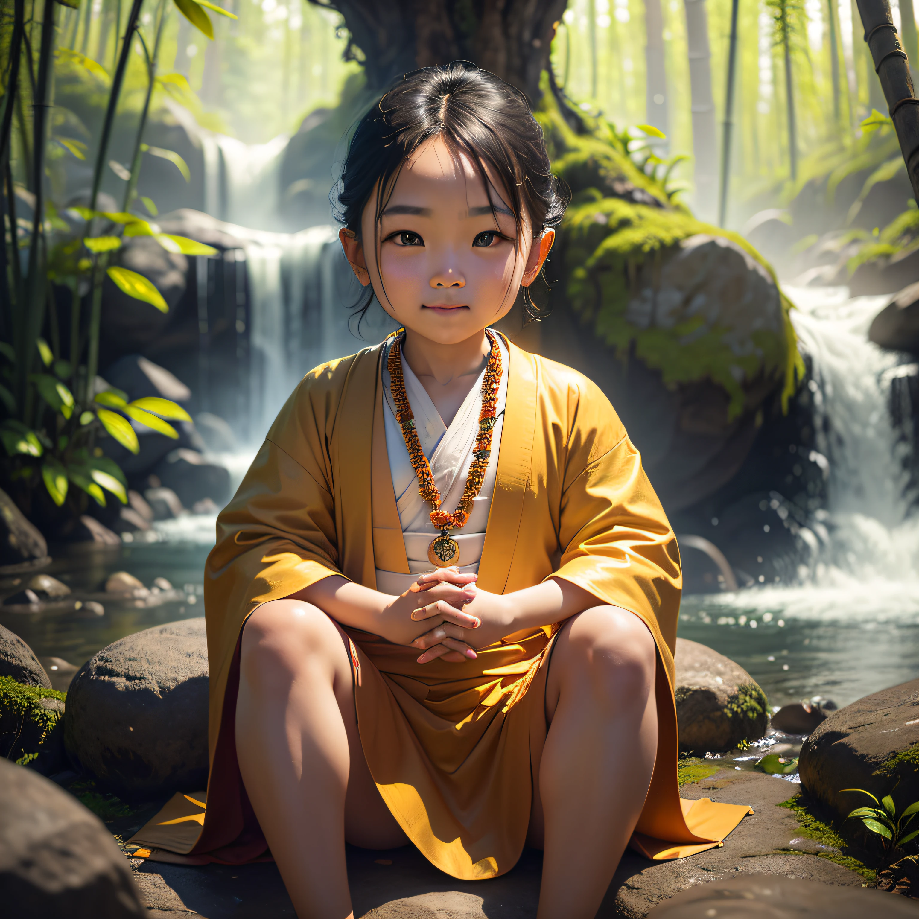 A cute  3 year ose monk, big eyes, high nose, very spiritual, dressed in yellow, hands clasped together in prayer, a string of Buddha beads around his neck, smiling, sitting at the foot of a big mountain with a bamboo forest and a waterfall behind him (Neutral Tones, Super Detailed Fashion Photographs, Contemporary Photography, Cinematography, Surrealism, Shot with a 25mm Lens, Depth of Field, DOF, Tilt Blur, Shutter Speed 1/1000, f/22, portra 160, Incredible Detail, Sharpened, Detailed, Professional Lighting, 35mm Cinematography Lighting, Anamorphic, Lighting Studio, Film, 8K --ar 9:16 --auto