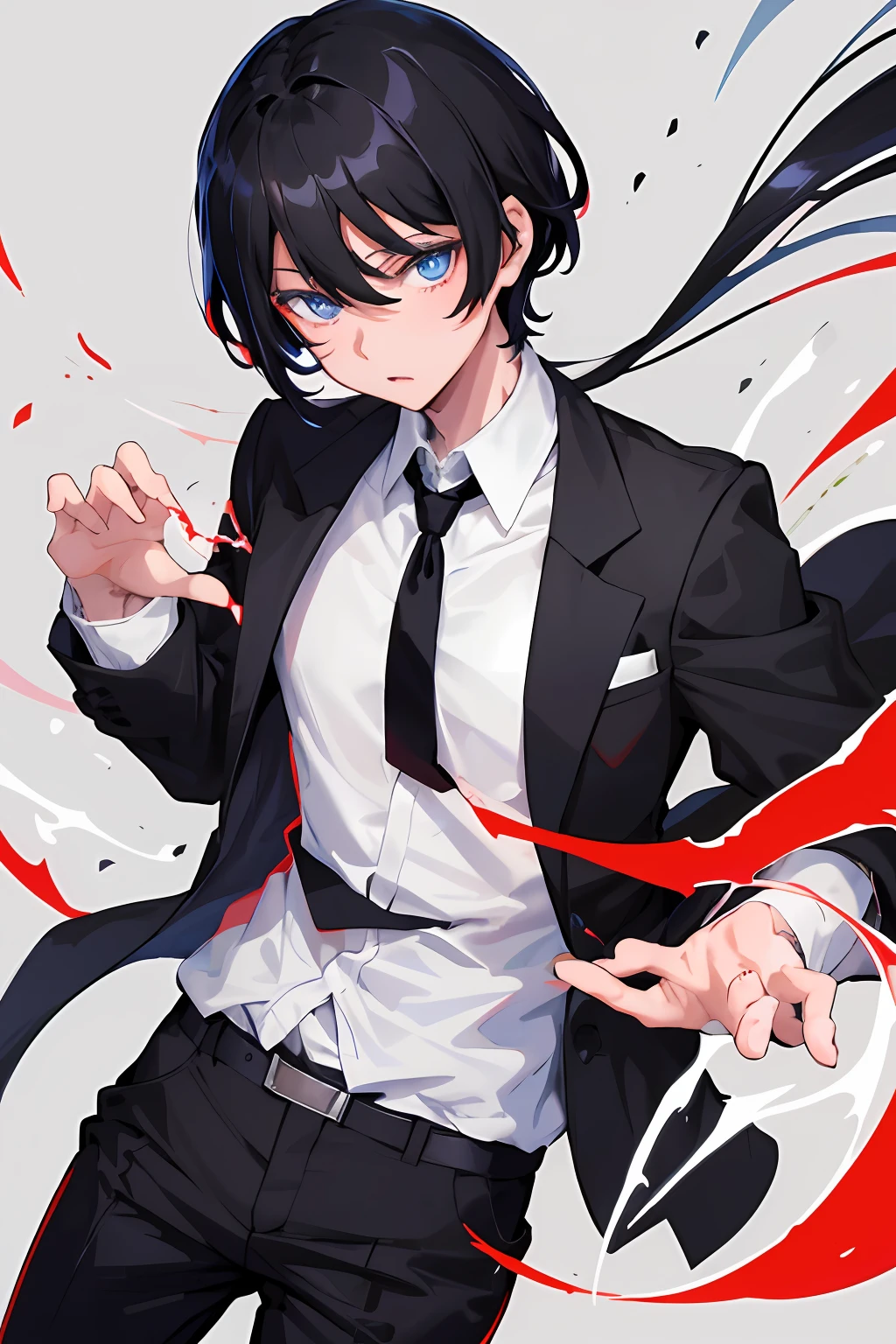 1 boy, black hair, half red and half blue eyes, black shirt with white tie, black coat, black pants