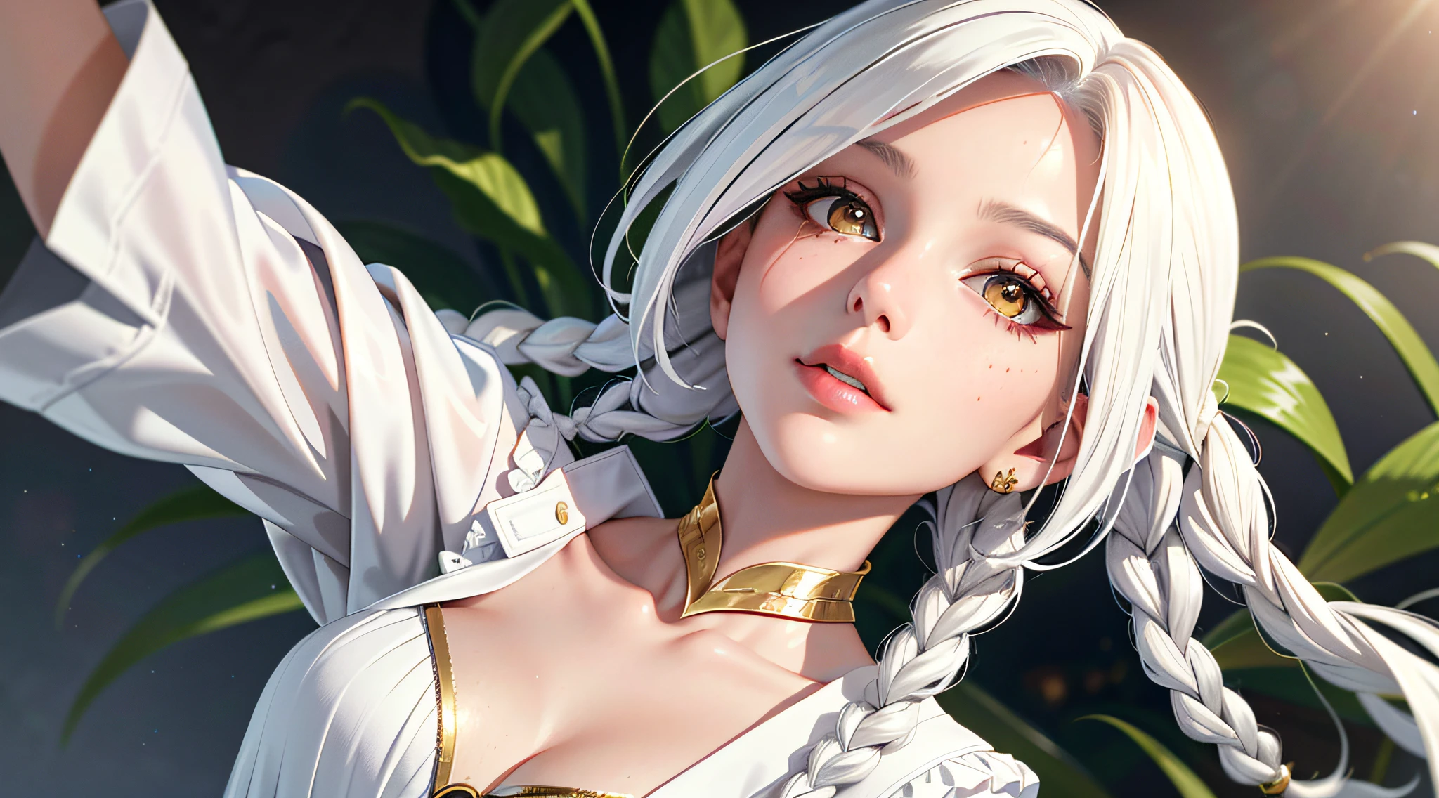 32K,super-fine,Photoreal,Perfect image quality,Need,tmasterpiece,Hair strands are clearly visible,Clear pores,light make-up,whaite hair,Golden eyes,Manteau blanc,Look up,The upper part of the body,Hairline,Fair skin,SideBraid