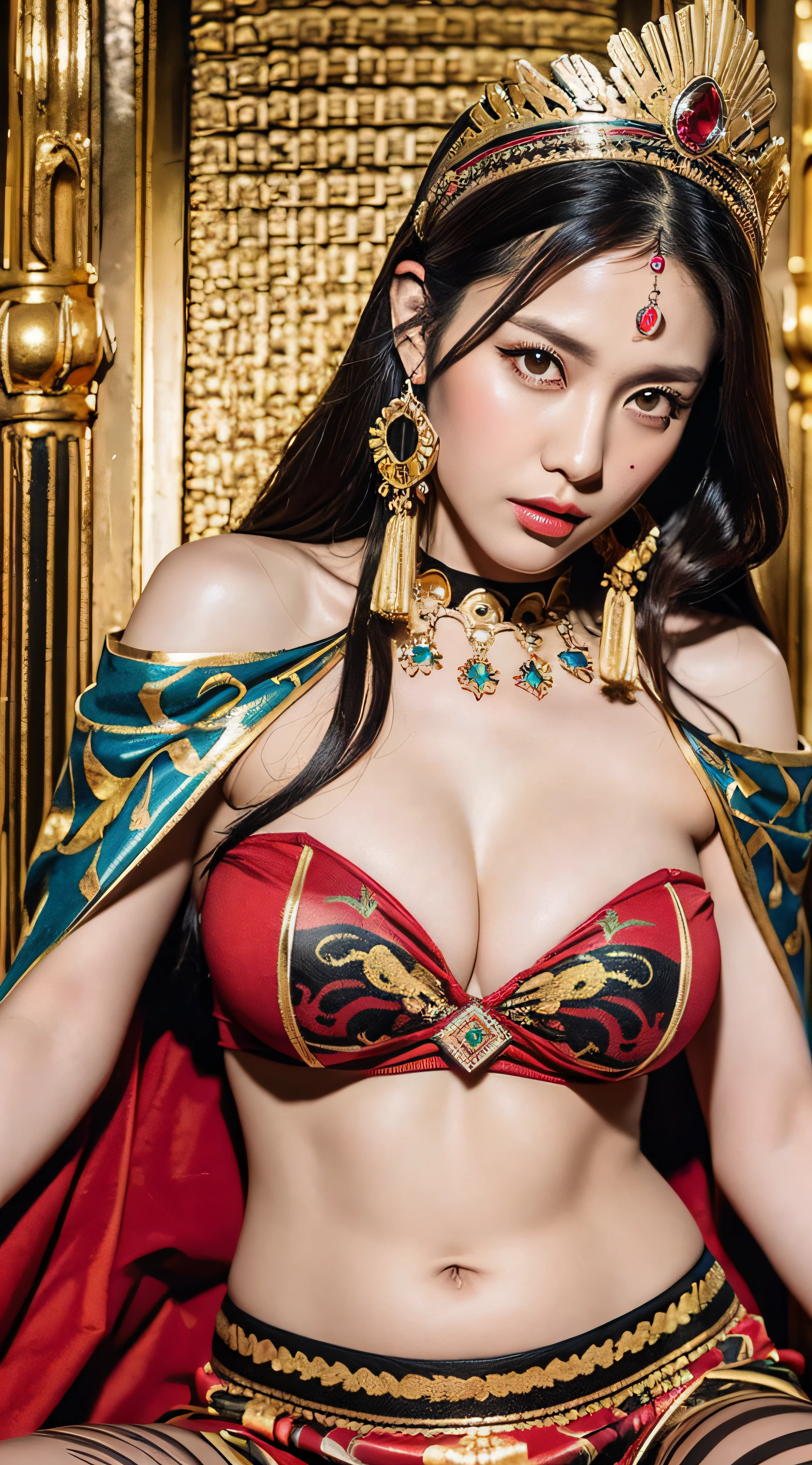 ((Realistic lighting, Masterpiece: 1.3)), (raw photo:1.2), Hyperrealist portrait gorgeous Beautiful tribal Chinese leader, mature woman, 40 years old, Milf, beautiful serious face, wrinkled face, beautiful detailed charming eyes, (pretty big breasts: 1.1), ((tribal red cape: 1.1), (tribal red mix gold strapless), (red tribal dress)), tribal loin cloth, tribal jewelry, native american attire, tribal diadem circlet, tribal palace background, legendary style, epic style, full body, sit on tribal throne, professional photography, font view, very detailed faces, (red lips, subtle makeup: 1.3), Best quality, 8K, colorful style