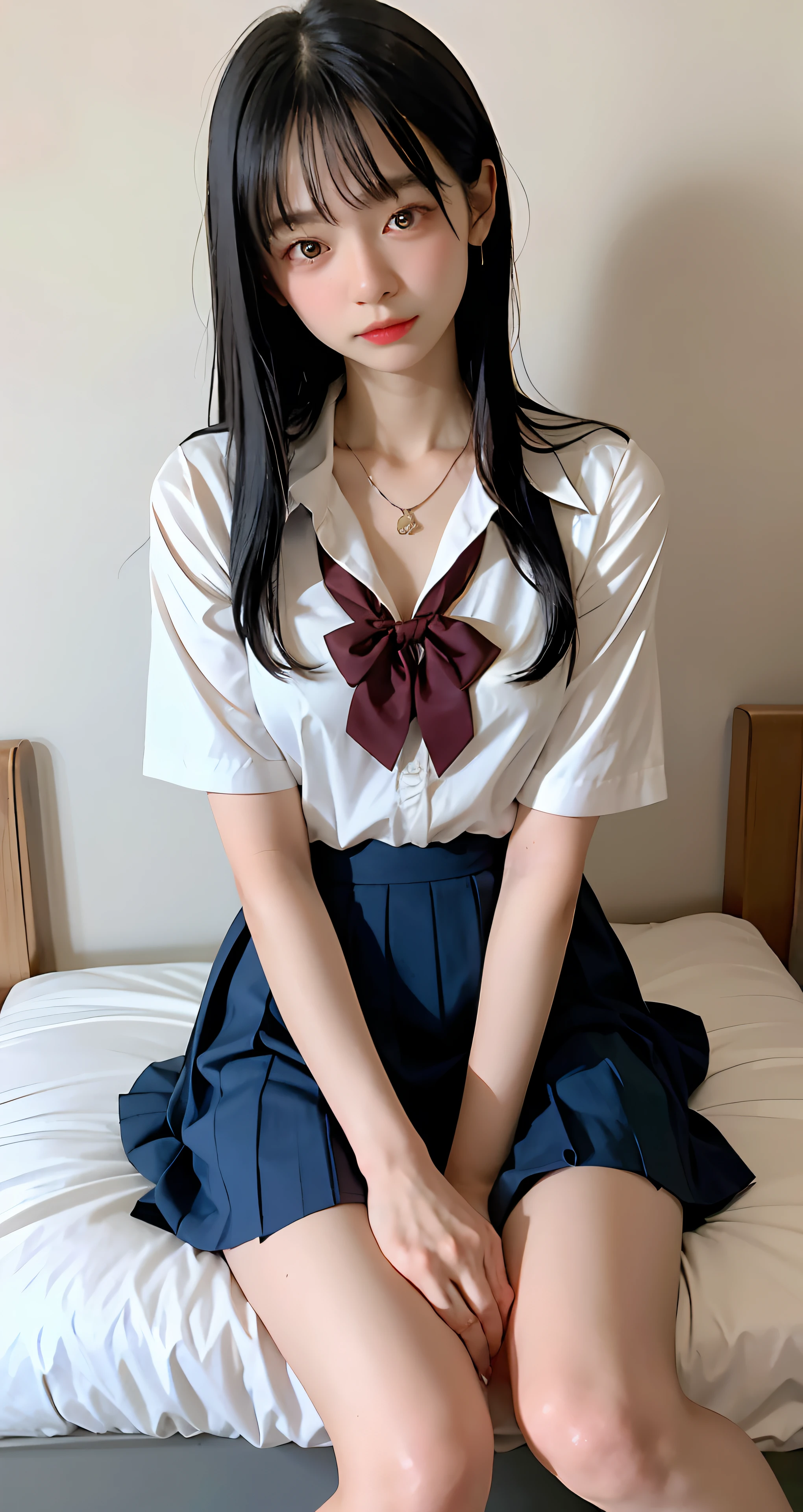 ((top-quality、​masterpiece))、Raw photography、8K、top-quality、 超A high resolution、Beautiful face in every detail、Realistic human skin、Gentle expression、front-facing view、Farbe々From an angle、length hair、realisitic、Photorealsitic、cute little、a short skirt、cute school girl、Japan schoolgirl wearing uniform、Surreal High School Girl、Bedroom、(wrist watch)、a necklace、a bed、Sit flat on the floor with your legs bent back、