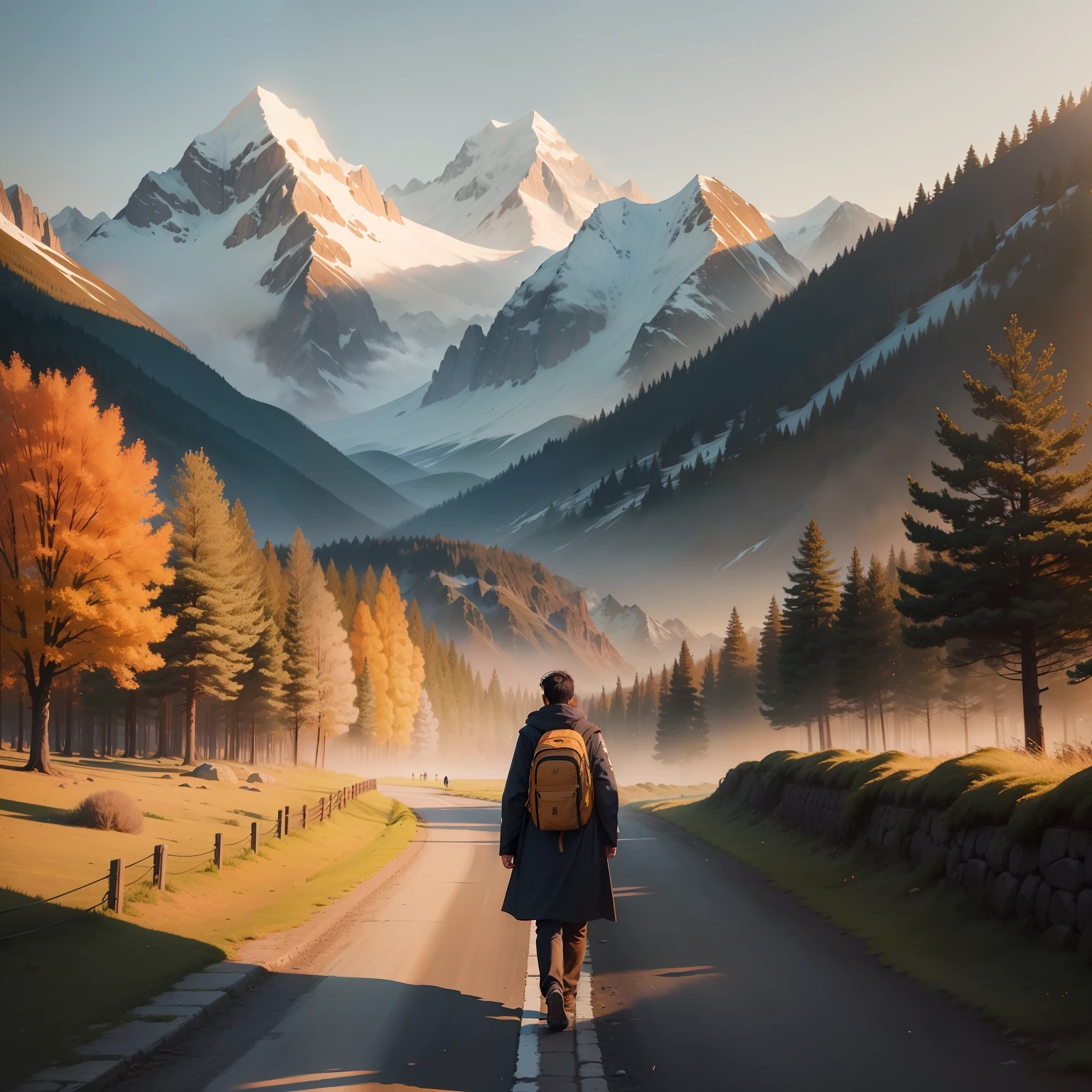 A young man leaves his hometown，Walk on the path，Next to it is a row of street trees，In the distance, the rising sun and the scenery of mountain peaks，He lifted his small backpack with one hand，His cloak fluttered in the wind，Walk slowly in the direction of the rising sun
