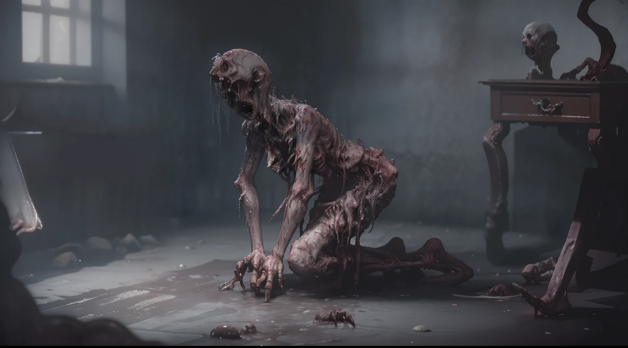 Shapeless woman with twisted arms dragging across the floor, clothes torn into strips, claws in her hands, delicate and sad face, twisted body, mutation, grotesque, scary, lovecraft, filthy and gloomy room with moldy walls, crucifix hanging on the wall, puddle, garbage on the floor, untidy and filthy old bed, ghostly light