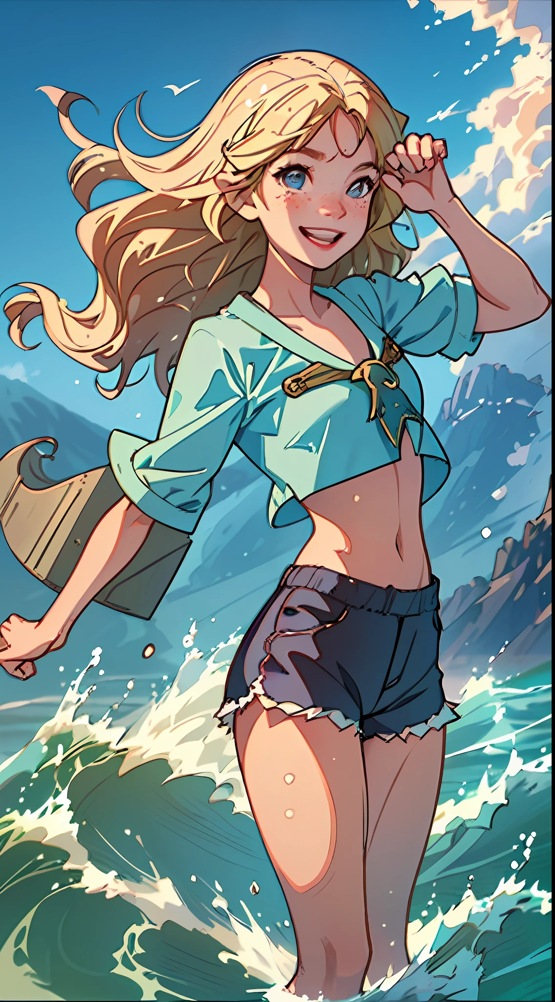(best quality, masterpiece), 1girl, paw pose, smile, laughing, ocean, crop top, shorts, blonde, freckles, blush, looking at viewer, wavy hair, cloud, splashing, waves, sun, mountain, wet