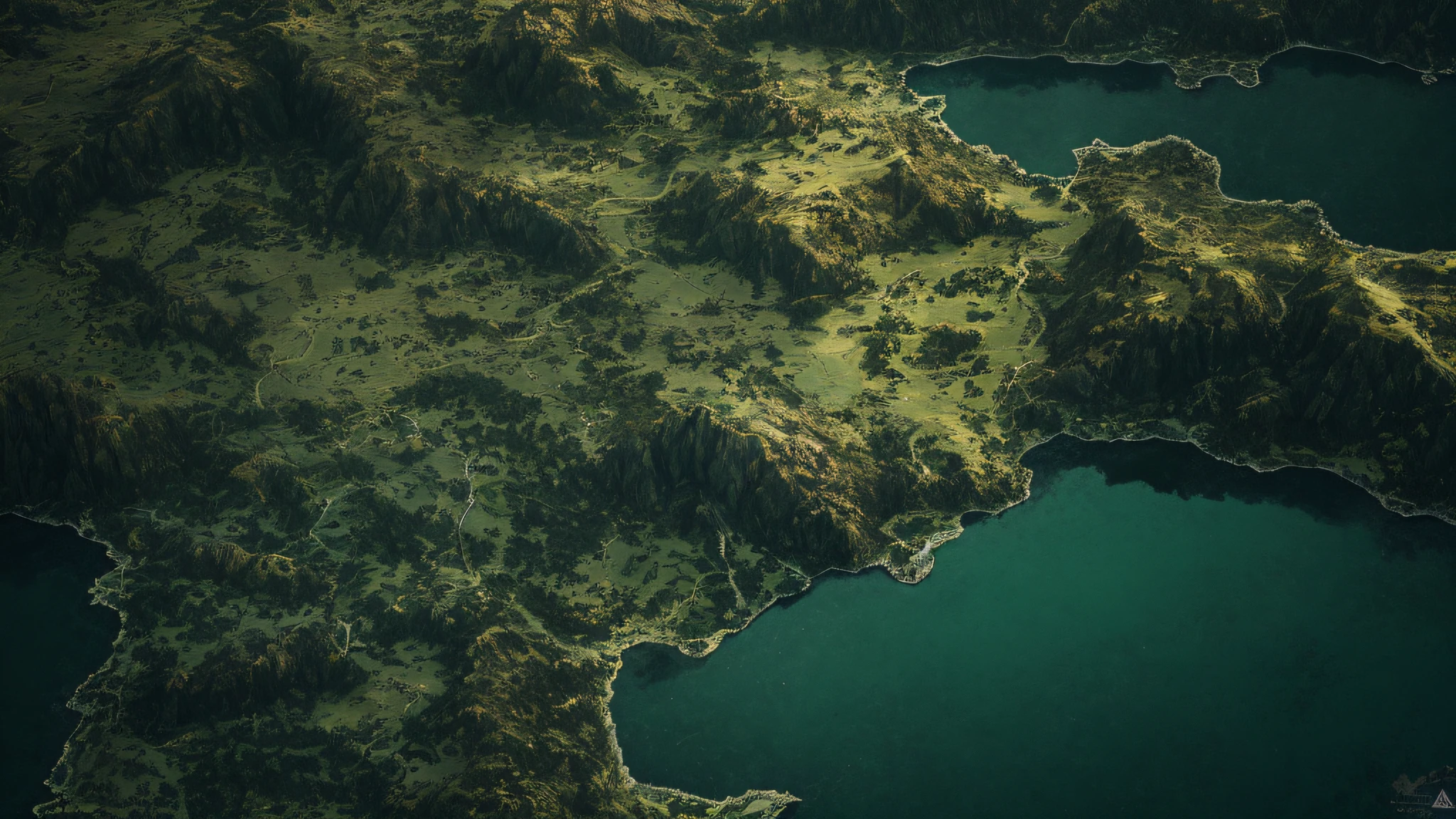 Aerial view of Araf，Mountains, lakes, forests, beautiful landscape rendering, Detailed landscape, aerial view of an ancient land, highly detailed textured 8 k, quixel megascans, highly detailed textured 8k, game map matte painting, Aerial view of the movie stills 800T 18mm, 8 k landscape render