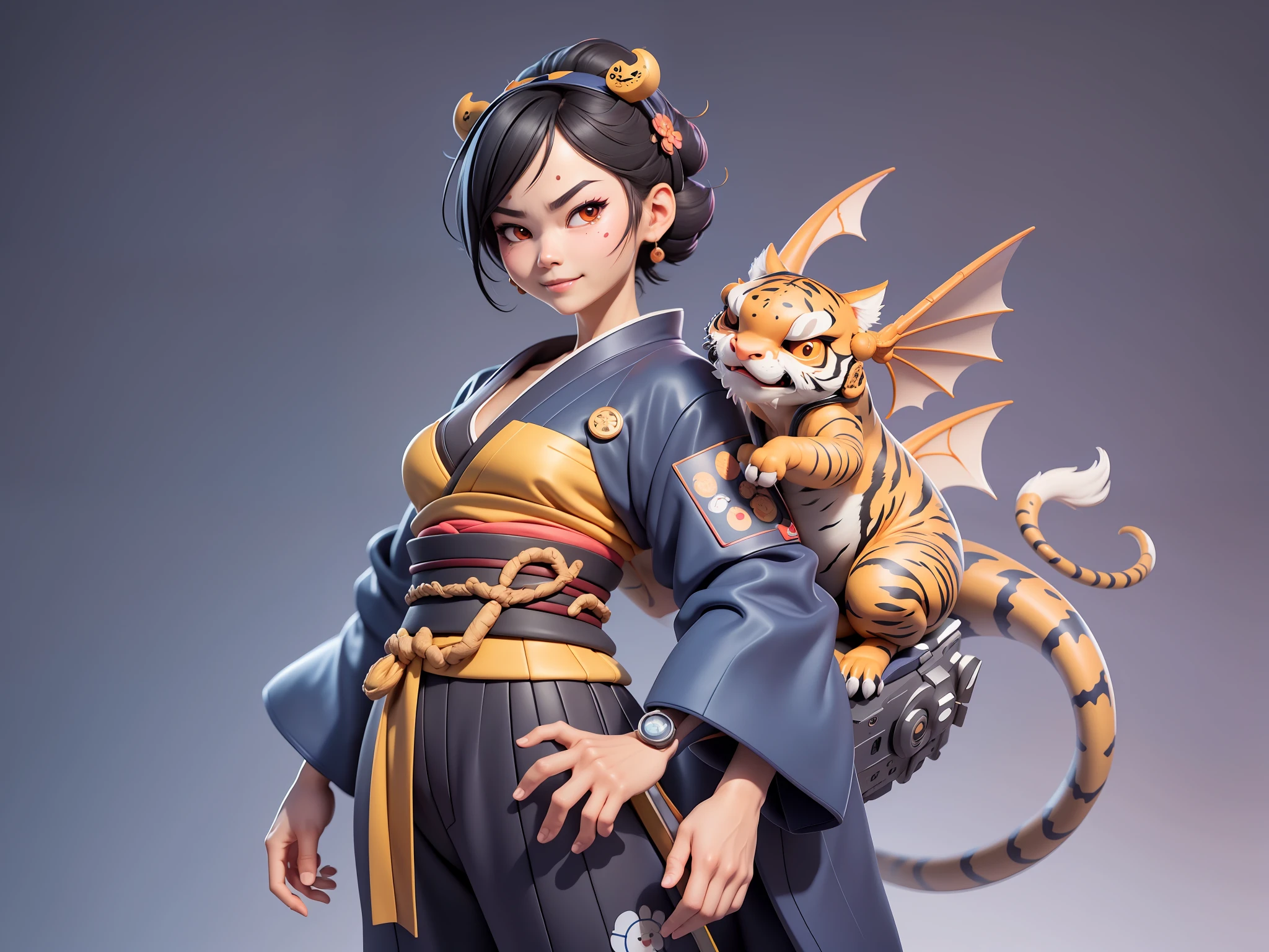 (Daisaku),(Need),(Super meticulous),(full bodyesbian:1.2),Japanese ukiyo-e girl，japanese geisha，Beautiful，Oriental dragon，one tiger，Aeolian Thor，Raised sexy，爆乳，Oriental face，TV Anchor，Bust portrait illustration，Alone，In black suit，a blue tie，The face is slightly chubby，The face was clean，without a beard，Black super short hair，Black eyes，Smile confidently，3C computer sub-products，iPad， iphone，Digital painting，3D character design by Mark Clairen and Pixar and Hayao Miyazaki and Akira Toriyama，The illustration is a high-definition illustration in 4K resolution，With very detailed facial features and cartoon-style visuals。