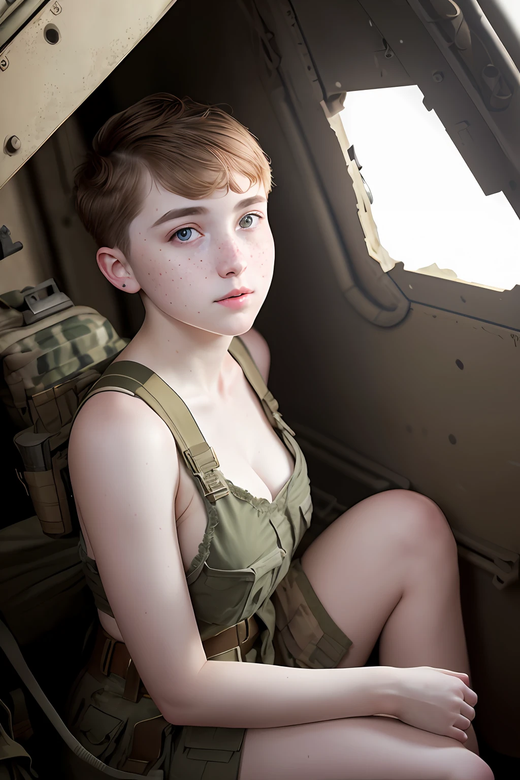 Highest quality, (dramatic lighting:0.7), masterpiece, high angle shot, RAW photo of (pale 21 year old woman with short hair, looking up at the viewer), cute, (wearing Tattered combat fatigues, Disheveled), (sitting inside a tank), portrait, perfect face, alluring eyes, vivid detail, (highly detailed skin), freckles, sfw, (blue tint:0.6), (dirty:0.8), (bloody:0.7), key lighting, (backlighting:0.5), medium depth of field, photographed on a Canon 5D, 50mm lens, F/4 aperture, (hyperdetailed, intricate details), sharp focus, muted colors, 8k, absurdres, 8mm film grain, war photography