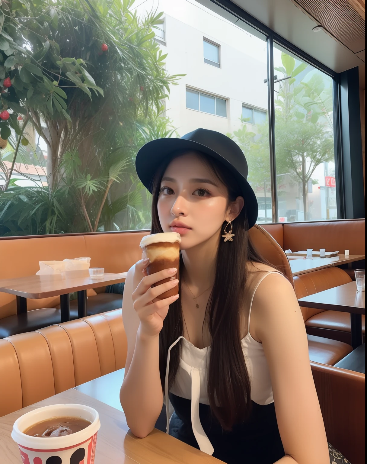 Woman eating donuts with drinks and straw hats in restaurant, Larisa Manobal, Lalisa Manoban in blackpink, drinking a strawberry iced latte, bae suzy, sakimichan, F / 1. 9 6. 8 1 mm iso 4 0, pokimane, Drinking coffee, tzuyu from twice, ulzzangs