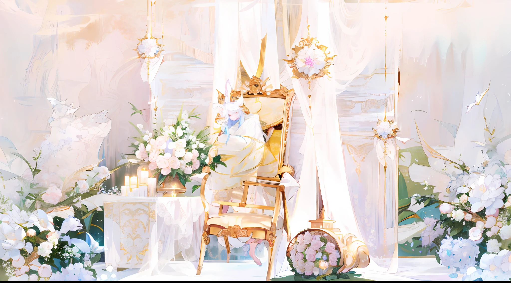 There are white and gold weddings,Flowers are placed, baroque style painting backdrop, ornate backdrop, stunning arcanum backdrop, Ethereal and dreamy theme, Gorgeous and complex background, white and gold color scheme, Fondo pintado floral, Dreamy atmosphere, enchanted surroundings, luxurious wedding, ethereal fairytale, in romantic style, dreamy scenes, ethereal details, Magical atmosphere + Masterpiece,No Man,higher details
