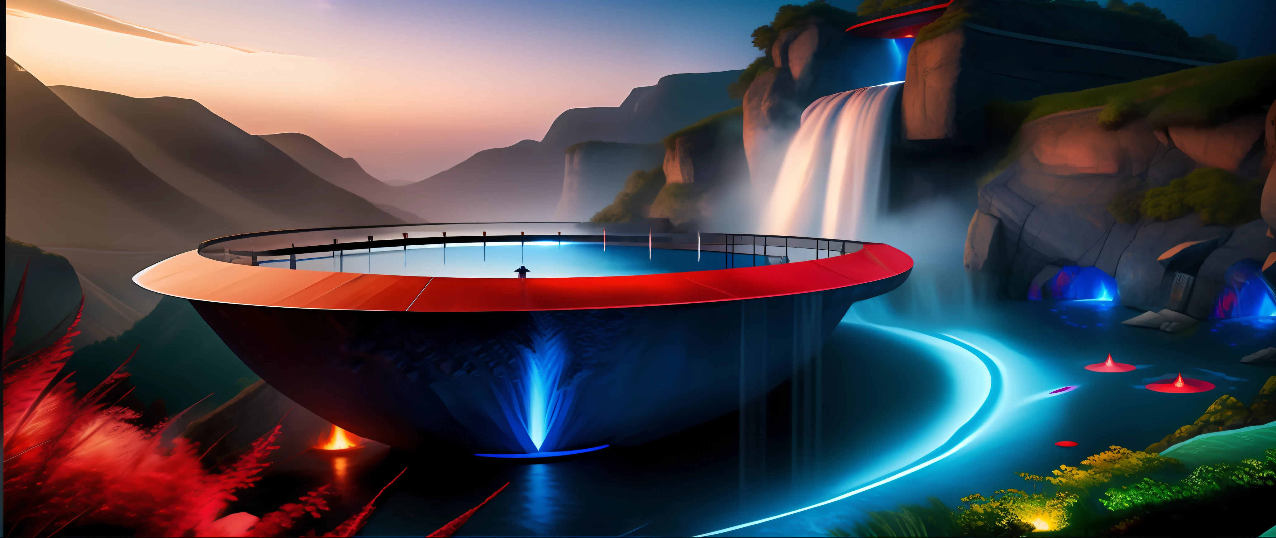 Draw a waterfall,(fire and ice),Blue and red,The is very detailed,Epic surrealist 8K oil painting, a portal to the lost flame realm, 4k vertical wallpaper, smelting pit'beeple