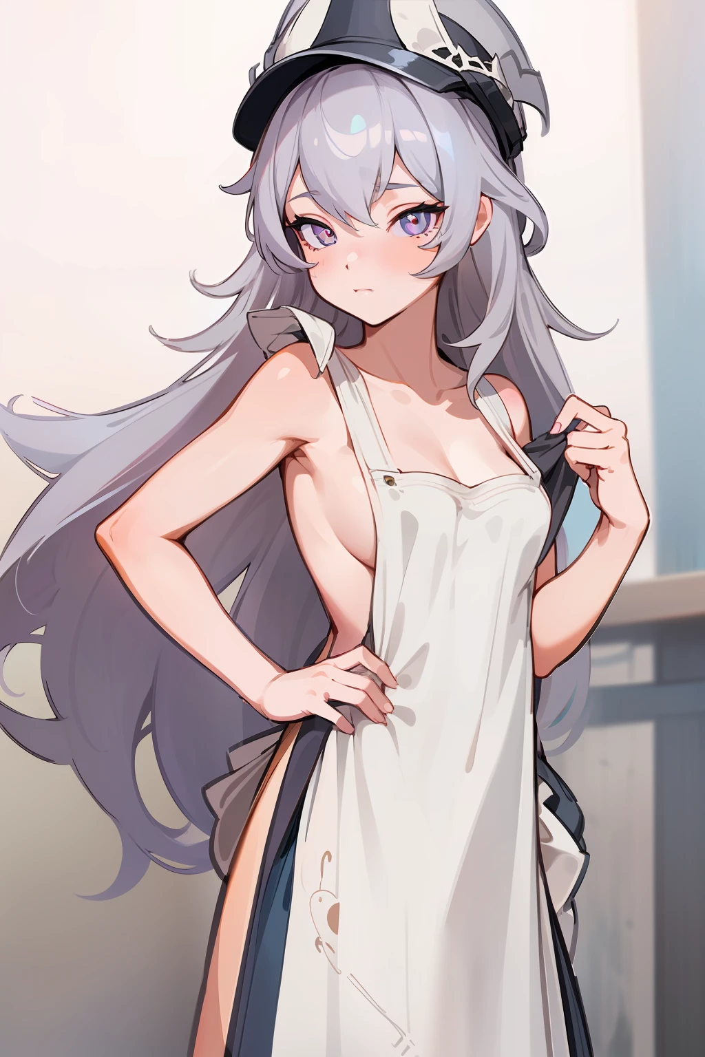 (((masterpiece))),(extremely detailed CG unity 8k wallpaper),best quality,Amazing,finely detail,solo,close-up,beautiful detailed eyes,bright pupils,looking at viewer,(flat shading),(vector tracing),femininity, 1girl, Gray_Hair, (((((naked apron))))), (long_hair), hat, HXLS, sexy, ((Orange_Eyes)), charm, lady, young girl