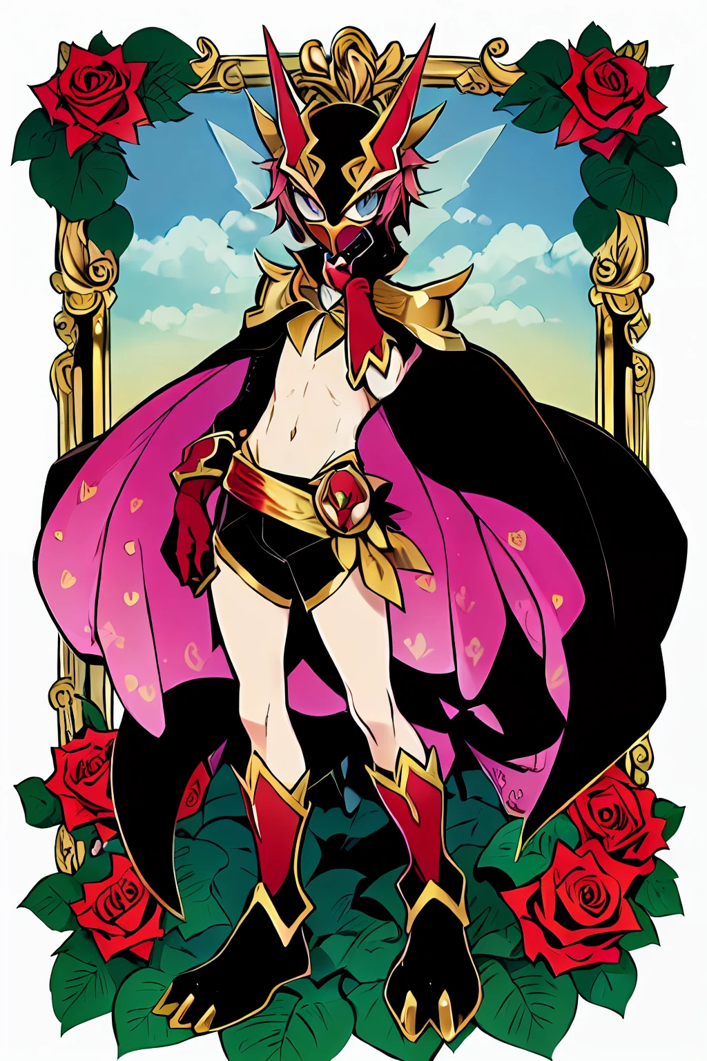 (masterpiece, best quality:1.2), solo, male focus, 1boy, ((riddle rosehearts as a Digimon)), angry, closed mouth,pout , looking at viewer, hand on hip, mini crown, shirt, cape, ((white , black ,red and gold color scheme:1.4)),(( pink skin))((Rose themed)), ((Plant monster)), fairy ,digimon \(creature\),(( Rosemont inspired)),(( face covered by mask)),((heart Details))