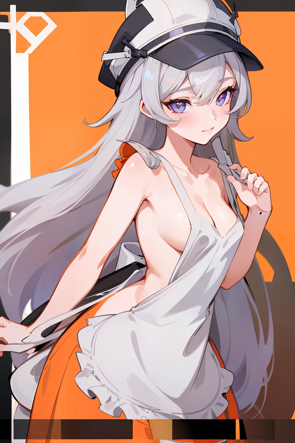 (((masterpiece))),(extremely detailed CG unity 8k wallpaper),best quality,Amazing,finely detail,solo,close-up,beautiful detailed eyes,bright pupils,looking at viewer,(flat shading),(vector tracing),femininity, 1girl, Gray_Hair, (((((naked apron))))), (long_hair), hat, HXLS, sexy, ((Orange_Eyes)), charm, lady, young girl