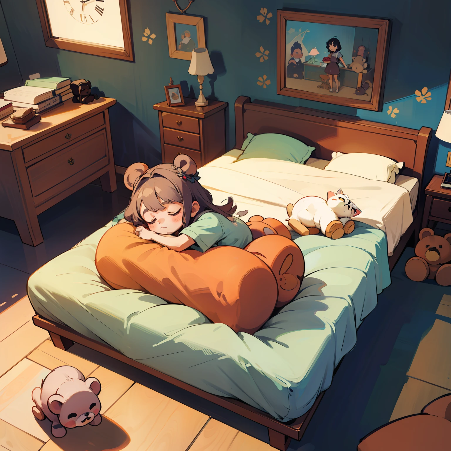 menina pequena de cabelo ruivo dormindo, na cama, com coberta, fone de ouvido, num quarto com parede de madeira, mesa do lado da cama, clock on top of desk, Toys scattered on the floor, teddy bear on top of the bed next to the girl, quadro com foto dela na parede, amanhecendo, cat sleeping on the floor