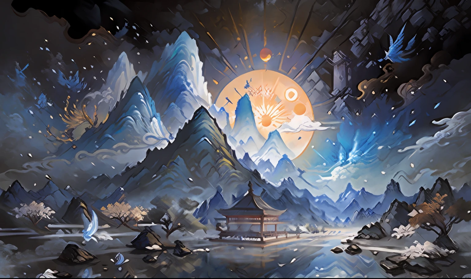 An ancient Chinese , ancient Chinese background, mountains, rivers, auspicious clouds, pavilions, sunshine, masterpieces, super detail, epic composition, ultra HD, high quality, extremely detailed, official art, unified 8k wallpaper, Super detail, 32k -- v 6