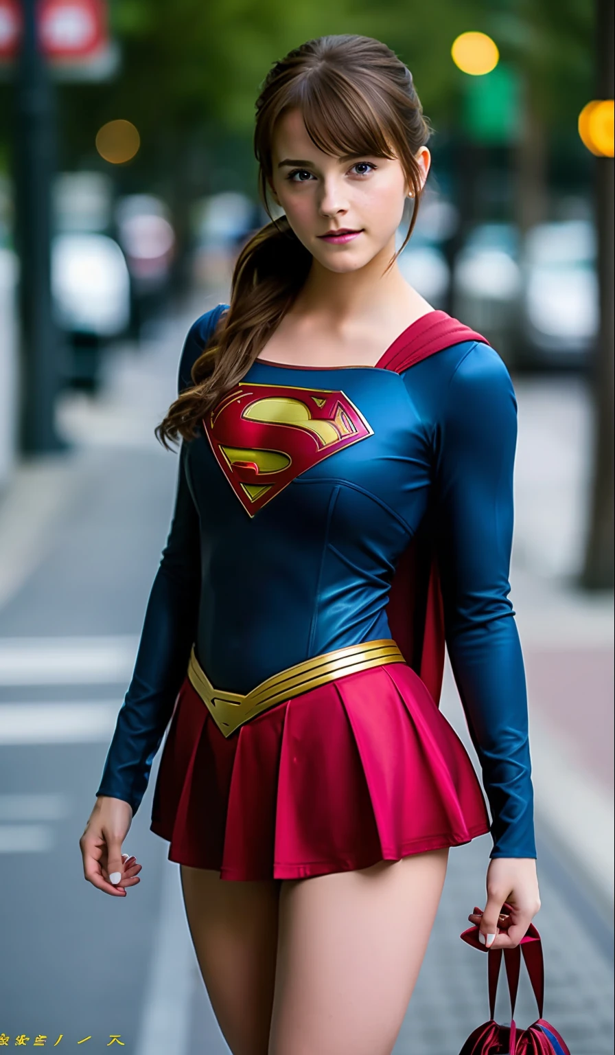 Beautiful ponytail、Beautuful Women、beautiful thigh、Beautiful belly button、18 year old beautiful woman、Pinch and lift the hem of the skirt、Beautiful panties、I can see the white panties、Beautiful Kasumi Arimura、Woman in Superman costume on city street, super girl, Gal Gadot as Supergirl, amouranth as a super villain, Emma Watson as Supergirl, super-hero girl, superheroine costume, realistic cosplay, anime visual of supergirl, professional cosplay, full-cosplay, The ultra -The high-definition, Superhero body, up close shot, publicity cosplay