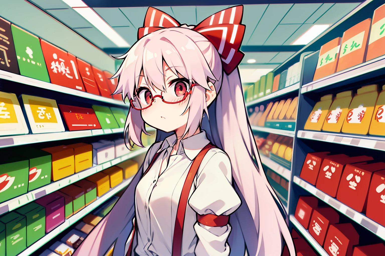 The upper part of the body_Body, Shigemitsu Fujiwara、supermarket、wears glasses、with blush cheeks、glares、red eyes