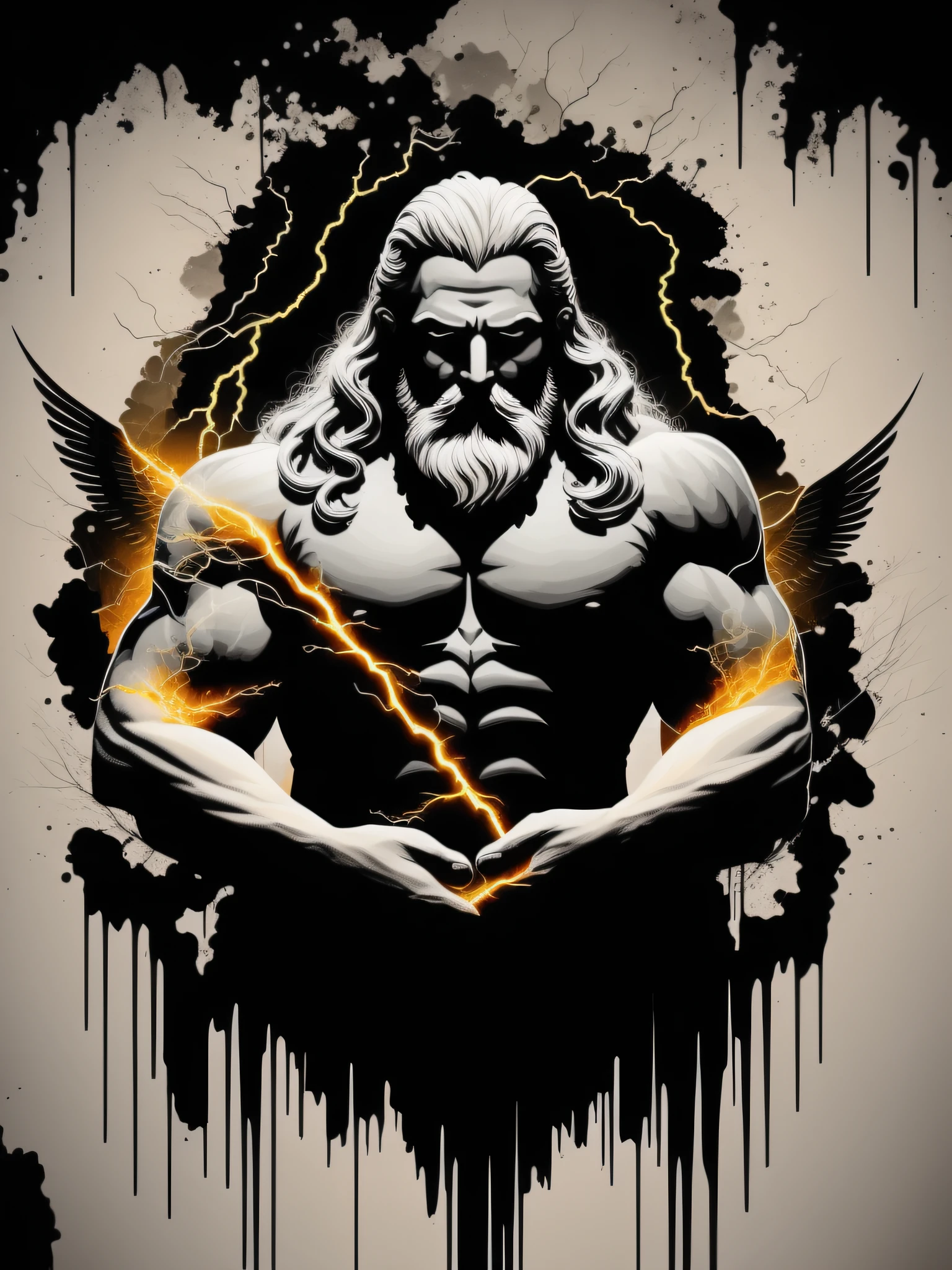 Zeus holding lightning in his hands, t-shirt art, 2D, ((black background :1, 5)), vector, vivid colors, masterpiece, best quality, intricate details, perfect symmetrical face, realistic details, gothic theme, rim light, moonlight, cinematic shading, Greg Rutkowisk