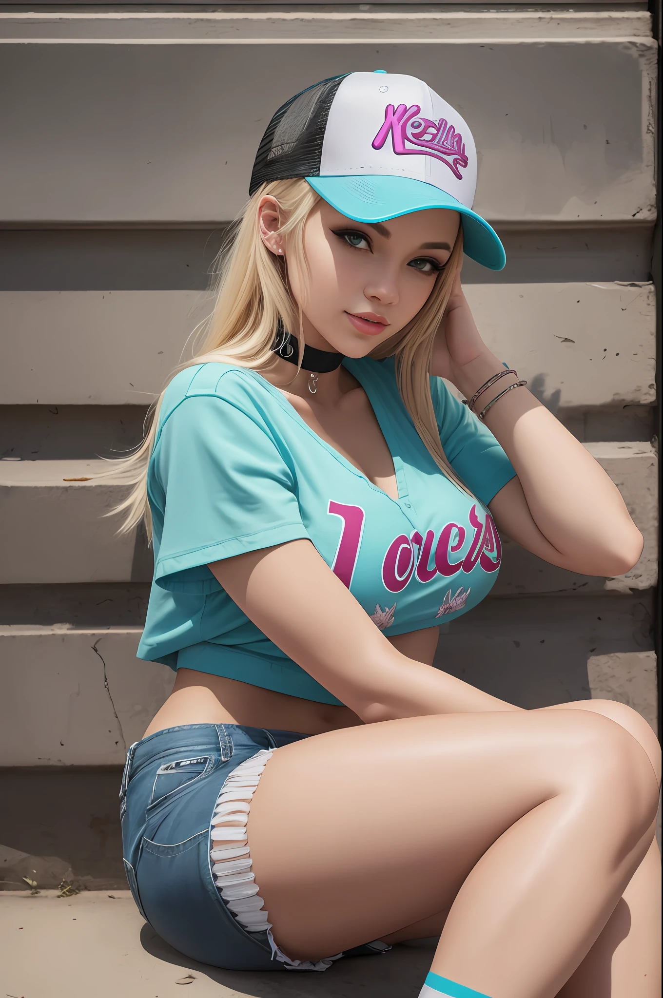cute sexy woman, trucker hat, choker, printed cropped shirt, colorful, short shorts, sneakers, kneehigh socks, perfect slim fit body, big breasts, perfect face, big gorgeous eyes, relaxing at the downtown alley, soft smile, parted lips, clean lines, vibrant colors, nice lighting, realism --auto --s2