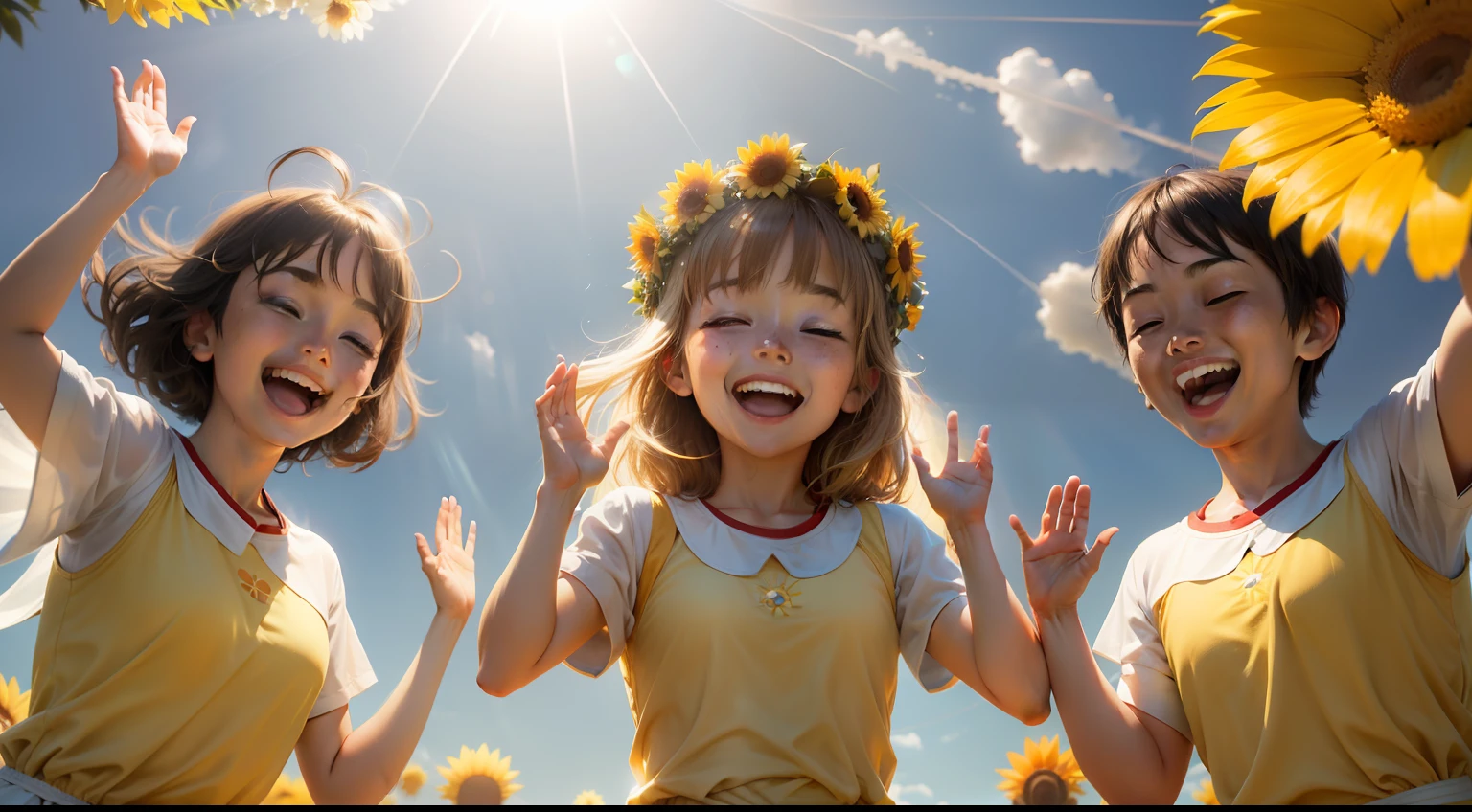 cheerfulness,rejoice,Close your eyes and laugh,Raise your hands high,suns,rays of sunshine
