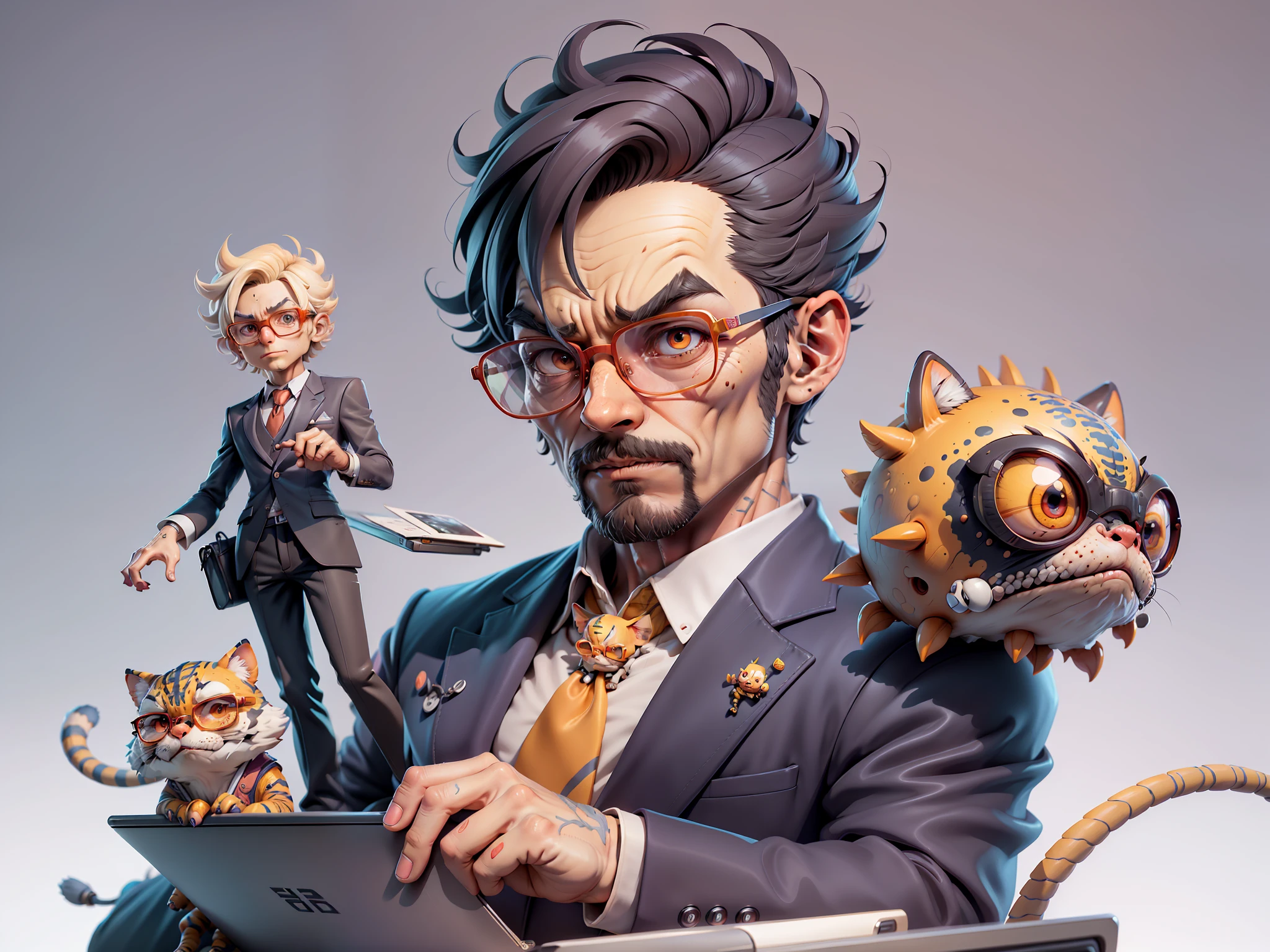A young man in a suit, Short hair and glasses sat at his desk,holding laptop,digitial painting,tigre,3D character design by Mark Clairen and Pixar and Hayao Miyazaki and Akira Toriyama,4K HD illustration,Very detailed facial features and cartoon-style visuals。