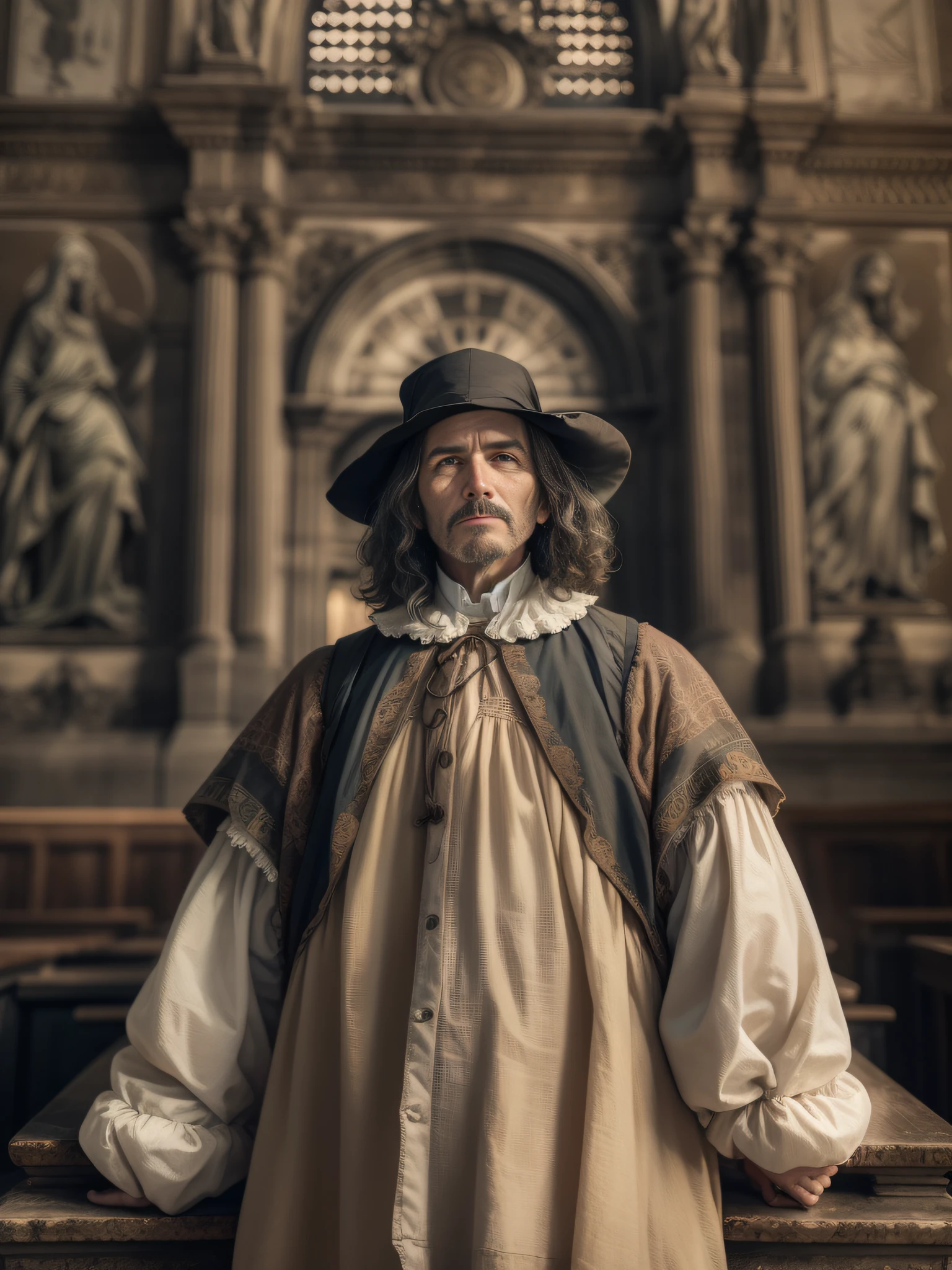 Photo of a 17th century Puritan man in lacombe style, Catedral como plano de fundo, contraste detalhado, Foco Profundo, Super Adobe, textura detalhada, esthetic, Photoshop, octane rendering, Arte do Pinterest, fotografia premiada, mundialmente famoso, alta resolução, color correction, Alta Arte, sem desfoque, renderizado, ultra qualidade