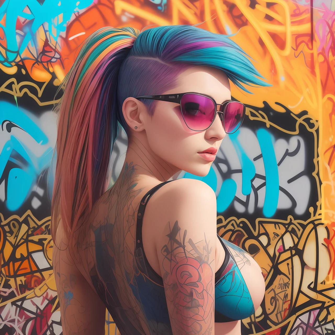 close up, full color painting of standing cyberpunk girl, sunglasses, high heel shoes, perfect hourglass figure, perfect huge tits, (((Graffiti art) (by Carne Griffiths))), red wall background, insane details, intricate details, hyperdetailed, low contrast, soft cinematic light, dim colors, exposure blend, hdr, front, (neon light:1.4), upper body, detailed skin, detailed eyes, realistic eyes, 20 megapixel, canon eos r3, detailed skin, detailed face, (TungstenDispo:1.2), raw photo, portrait of a business woman, (style by Flora Borsi), bold, bright colours, blue Mohawk haircut, ((Flora Borsi)), dslr, dramatic lighting, high quality, film grain, Fujifilm XT3, (strong backlight:1.1), analog style (liminal space), by Syd Mead, by Andr Kertsz, by Tadao Ando, naked;