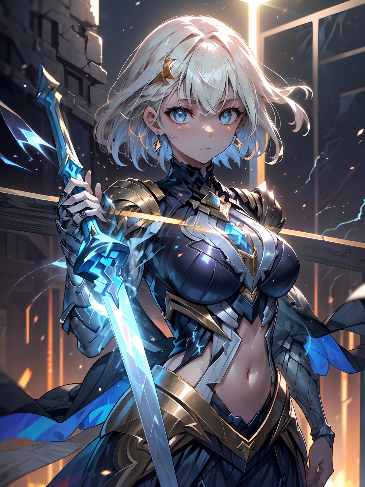 1girll, Gray sand desert, Sunset, Large breasts, Solo, Black Knight Armor, Lightning aura, Black sword, Long hair, Wavy hair, Floating hair, navel, Blue eyes, Focus, jewelry, view the viewer, Earrings, Blonde hair, standing, Light of light and shadow, Battle effect background, Warrior Gilm, intricate outfits, Hair ornaments, Sparkling eyes, Energy particles, Fighting stance, Thunder, ((Thunder Sword)), Glowing eyes, Body ignition,