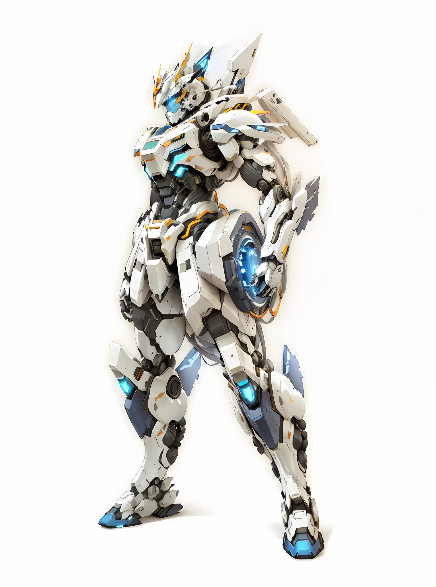 Close-up of robot on unreal background, anime robotic mixed with organic, Mecha suit, ferra white mecha, full body mecha suit, concept art of omegamon, cool mecha style, Mecha armor, greek god in mecha style, white metal neocubism armor,Ultra-realistic humanoid mech, white color mecha，High mode quality，Blue self-luminescence，Bright light exposure，bright spots，Strong reflexes，AO strong，unreal-engine，Heavy metal texture，   --V6