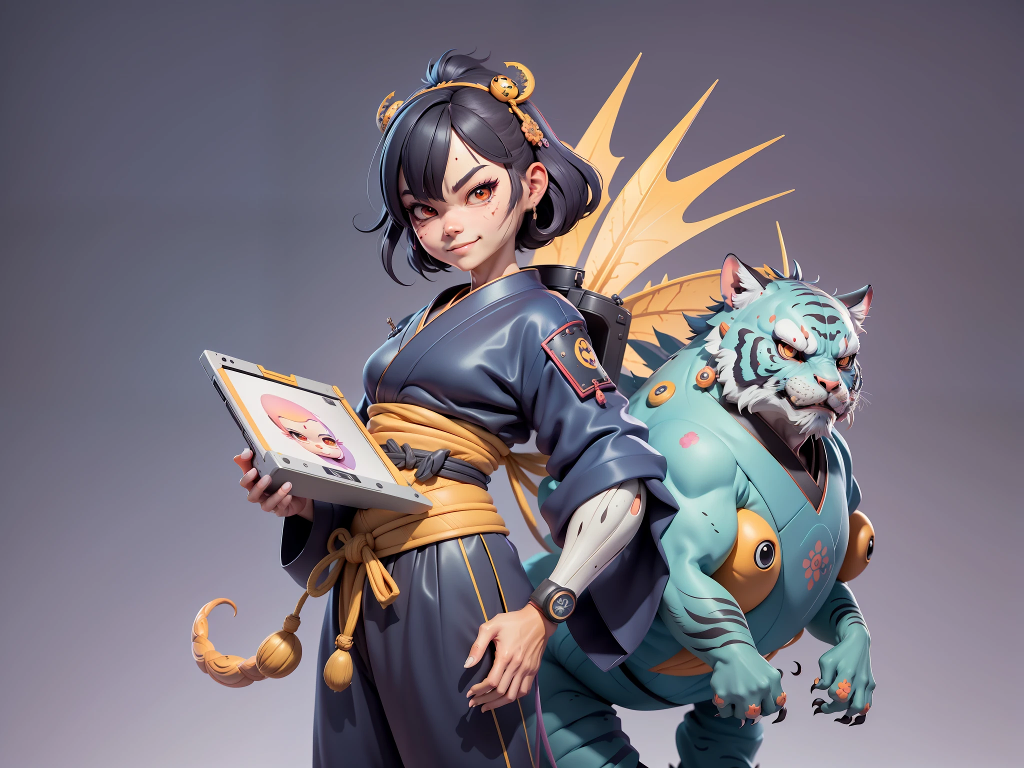 (Daisaku),(Need),(Super meticulous),(full bodyesbian:1.2),Japanese ukiyo-e girl，japanese geisha，Beautiful，Oriental dragon，one tiger，Aeolian Thor，Raised sexy，爆乳，Oriental face，TV Anchor，Bust portrait illustration，Alone，In black suit，a blue tie，The face is slightly chubby，The face was clean，without a beard，Black super short hair，Black eyes，Smile confidently，3C computer sub-products，iPad， iphone，Digital painting，3D character design by Mark Clairen and Pixar and Hayao Miyazaki and Akira Toriyama，The illustration is a high-definition illustration in 4K resolution，With very detailed facial features and cartoon-style visuals。
