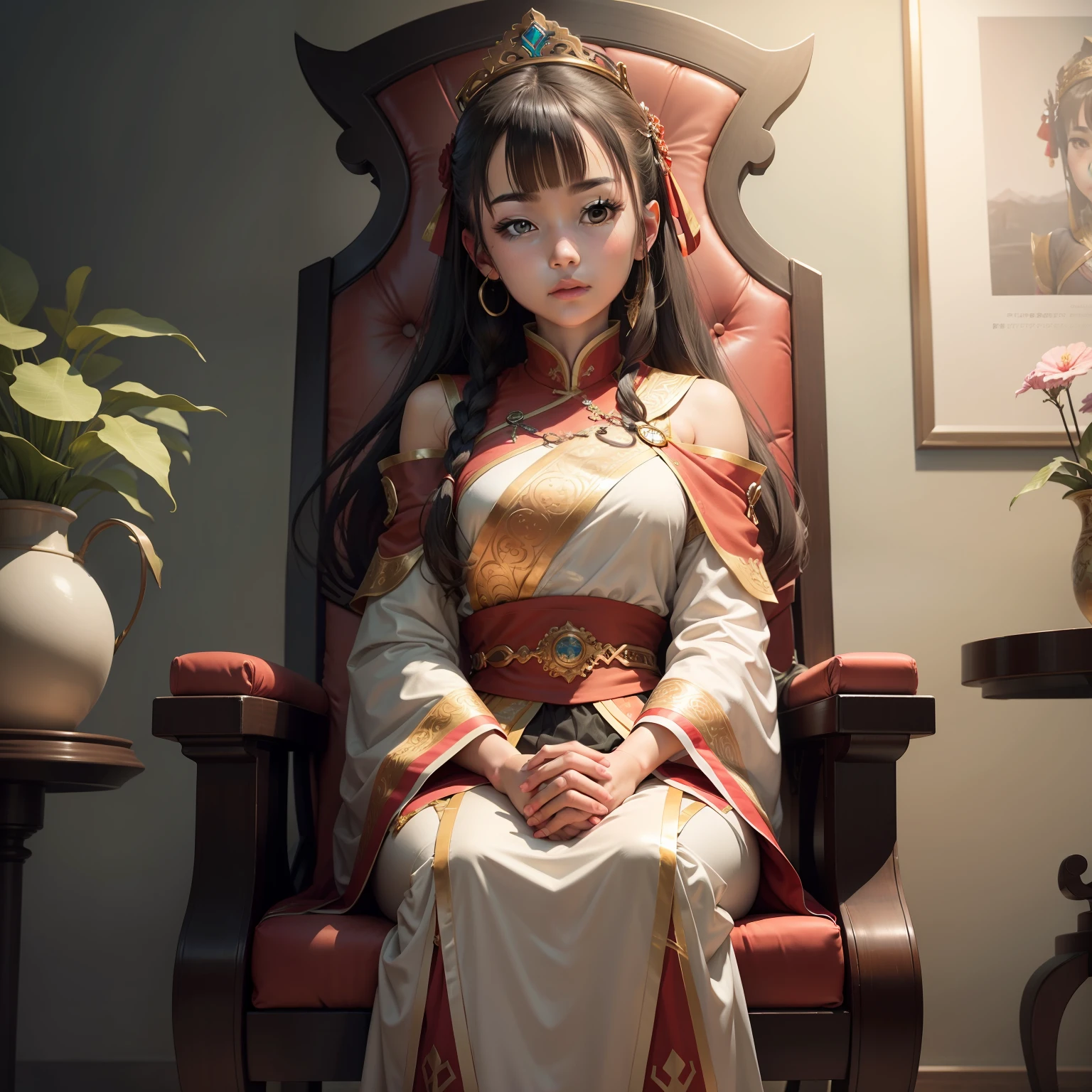 So Talia walked over to this chair and sat down gently,Straighten your back and gently fold your hands on your knees,Like a noble empress。