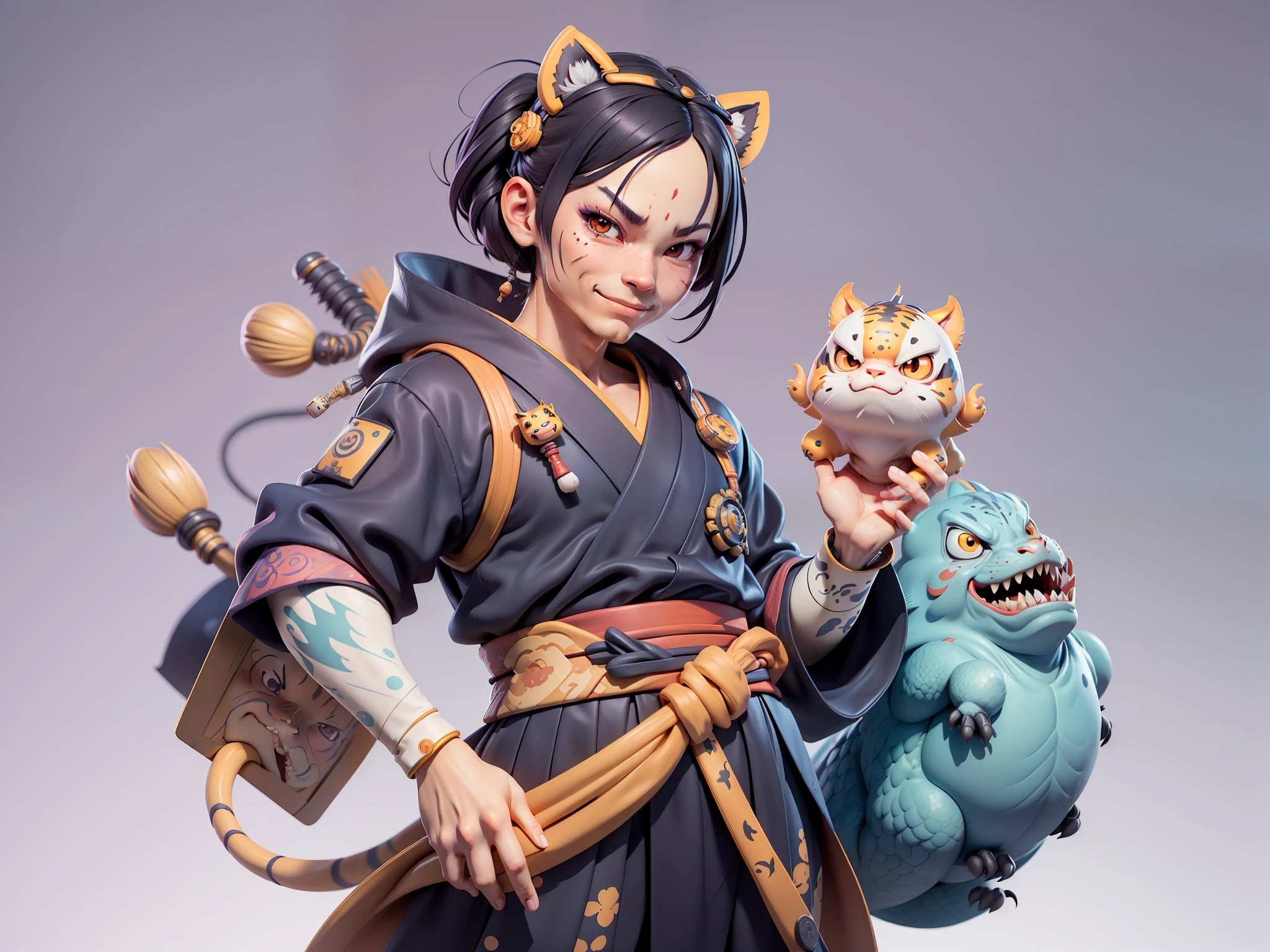 (Daisaku),(Need),(Super meticulous),(full bodyesbian:1.2),Japanese ukiyo-e girl,japanese geisha,Beautiful,Oriental dragon,one tiger,Aeolian Thor,Raised sexy,爆乳,Oriental face,TV Anchor,Bust portrait illustration,Alone,In black suit,a blue tie,The face is slightly chubby,The face was clean,without a beard,Black super short hair,Black eyes,Smile confidently,3C computer sub-products,iPad, iphone,Digital painting,3D character design by Mark Clairen and Pixar and Hayao Miyazaki and Akira Toriyama,The illustration is a high-definition illustration in 4K resolution,With very detailed facial features and cartoon-style visuals。