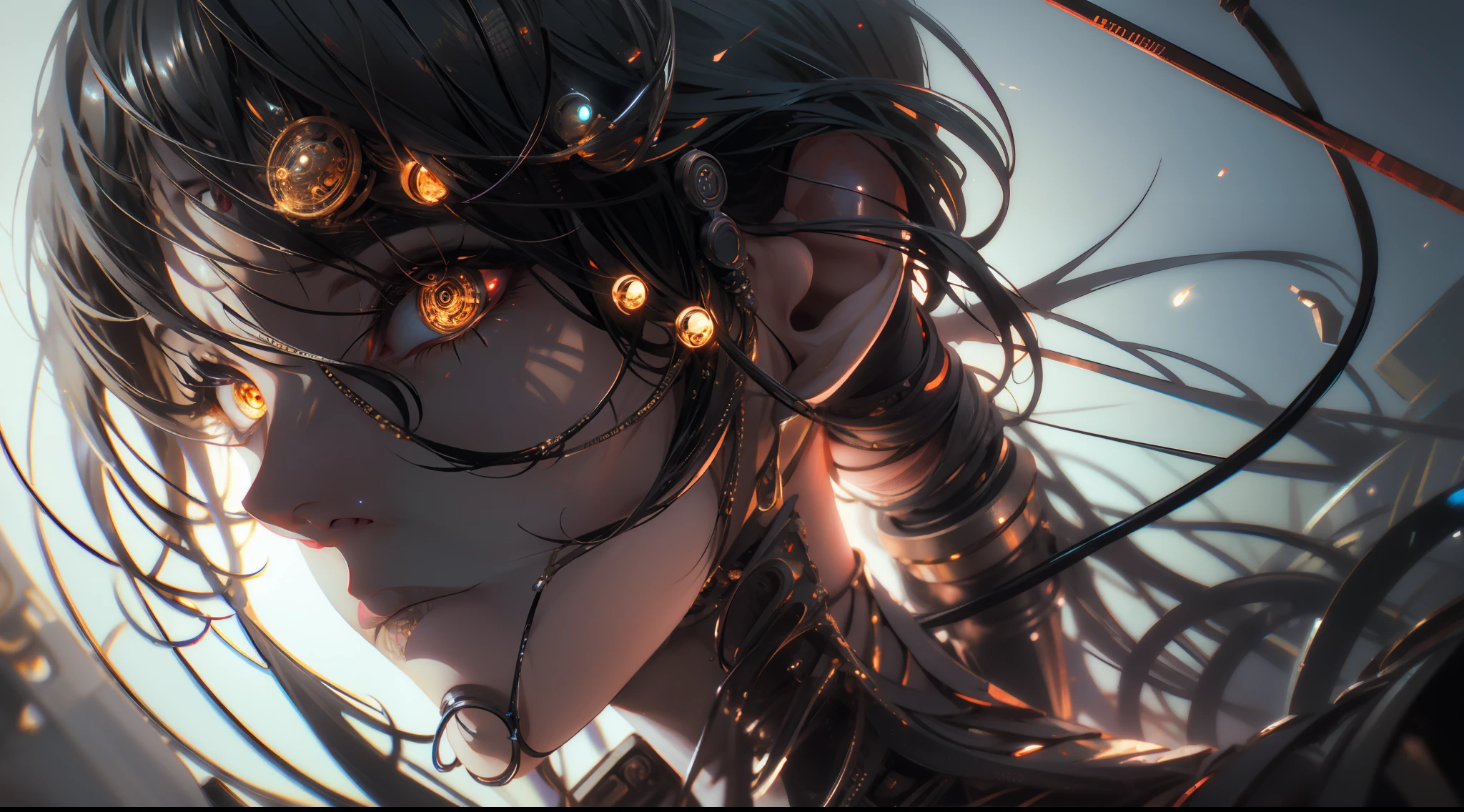1mechanical girl,((ultra realistic details)), portrait, global illumination, shadows, octane render, 8k, ultra sharp,metal,intricate, ornaments detailed, cold colors, egypician detail, highly intricate details, realistic light, trending on cgsociety, glowing eyes, facing camera, neon details, machanical limbs,blood vessels connected to tubes,mechanical vertebra attaching to back,mechanical cervial attaching to neck,sitting,wires and cables connecting to head