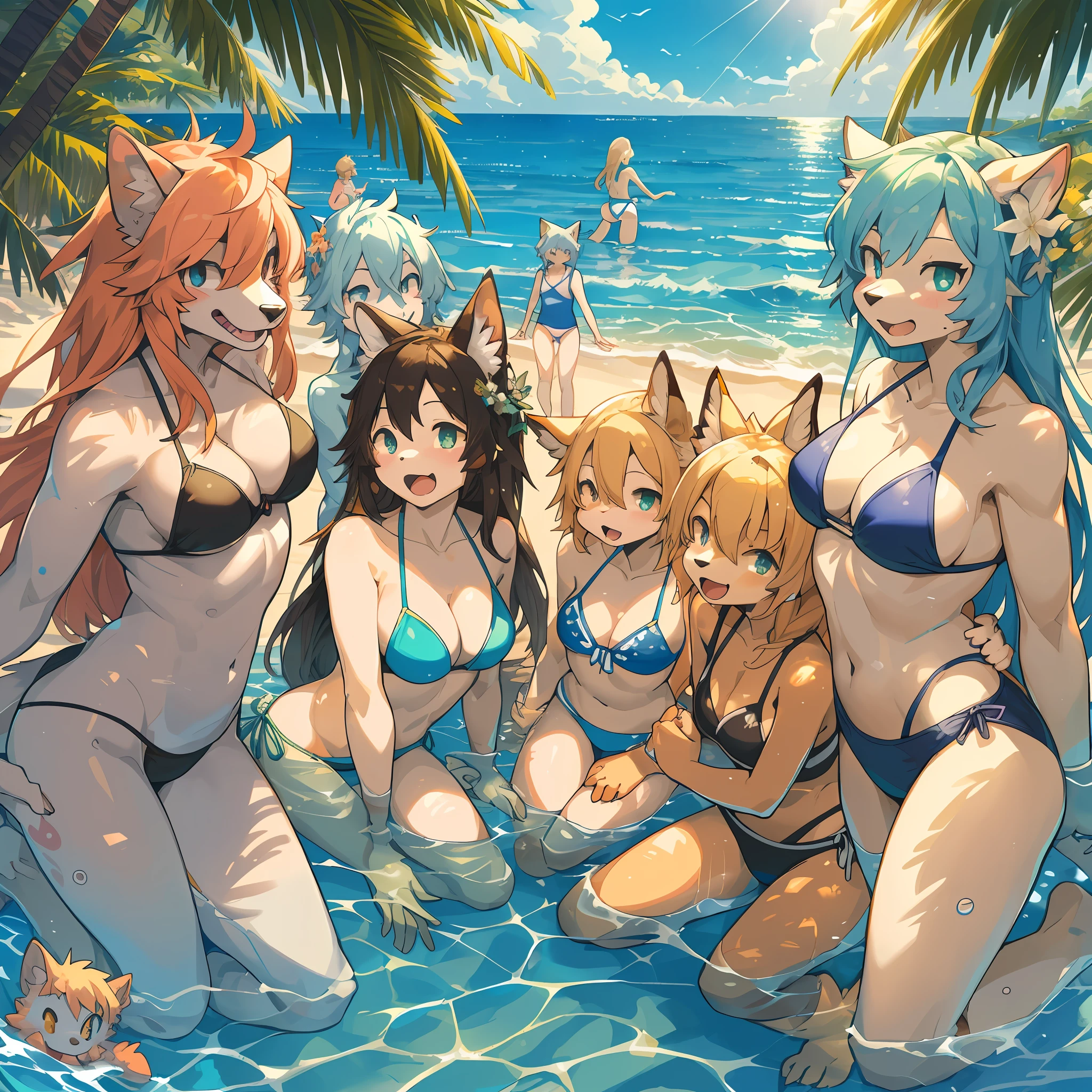 top quality, best quality, High-quality illustrations, masterpiece, super high resolution, detailed background, detailed background, horizon, beach, Midsummer sunshine, swim wears, group shot, 6+boys, 6+girls, Happy, joyful, absurdres(highly detailed beautiful face and eyes)perfect anatomy(Photos taken with friends)(kemono, furry anthro),