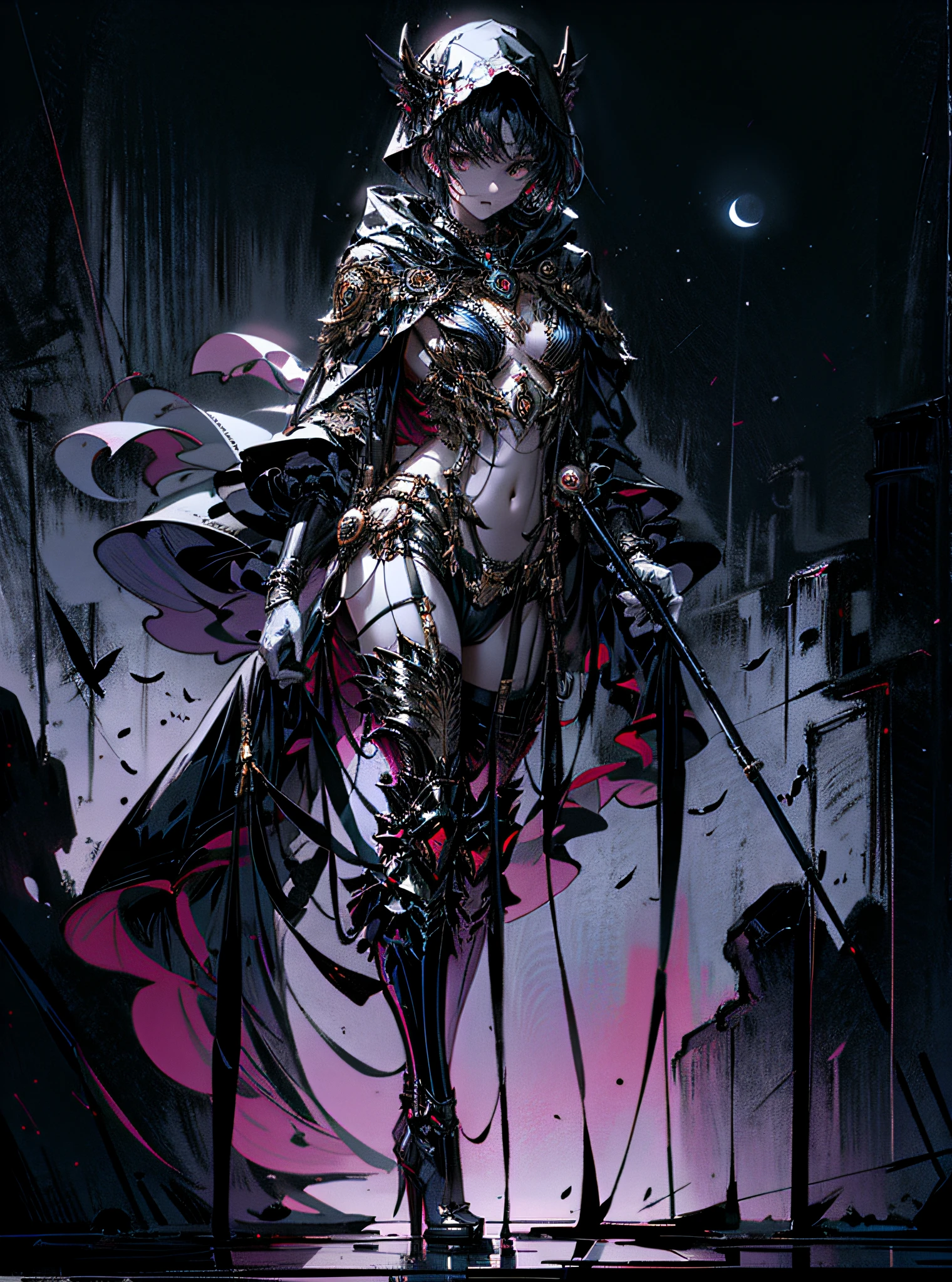 BREAK (very detailed 8k wallpaper),full body of a beautiful female warlock, intricate, high detail, tomb background, BREAK with a black figure looming through gray fog behind her, with a dark cloak hood showing her face and her curve BREAK, black dark aura, moon, books, grimmore,, dark theme, ravens, dark feather,sexy body BREAK,Detailed,Realistic,4k highly detailed digital art,octane render, bioluminescent, BREAK 8K resolution concept art, realism,by Mappa studios,masterpiece,best quality,official art,illustration,ligne claire,(cool_color),perfect composition,absurdres, fantasy,focused,rule of thirds