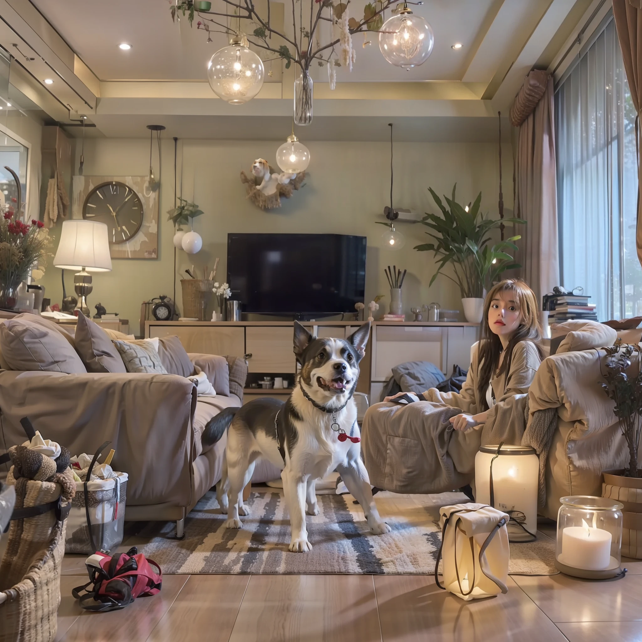 Big scene in the living room,The dog is running happily,Light beige tones,Various ornaments,There are trash cans,Pendants