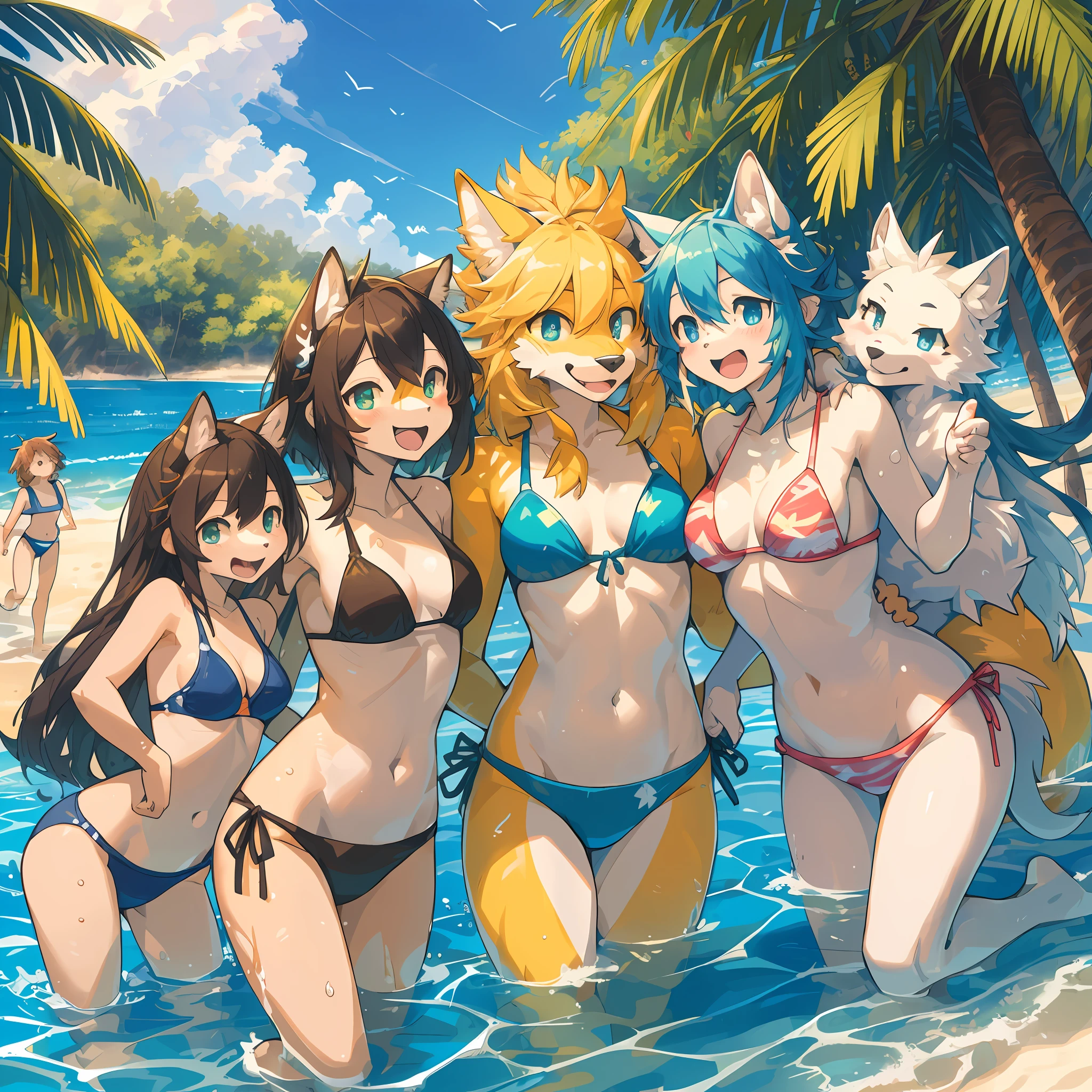 top quality, best quality, High-quality illustrations, masterpiece, super high resolution, detailed background, detailed background, horizon, beach, Midsummer sunshine, swim wears, group shot, 6+boys, 6+girls, Happy, joyful, absurdres(highly detailed beautiful face and eyes)perfect anatomy(Photos taken with friends)(kemono, furry anthro),