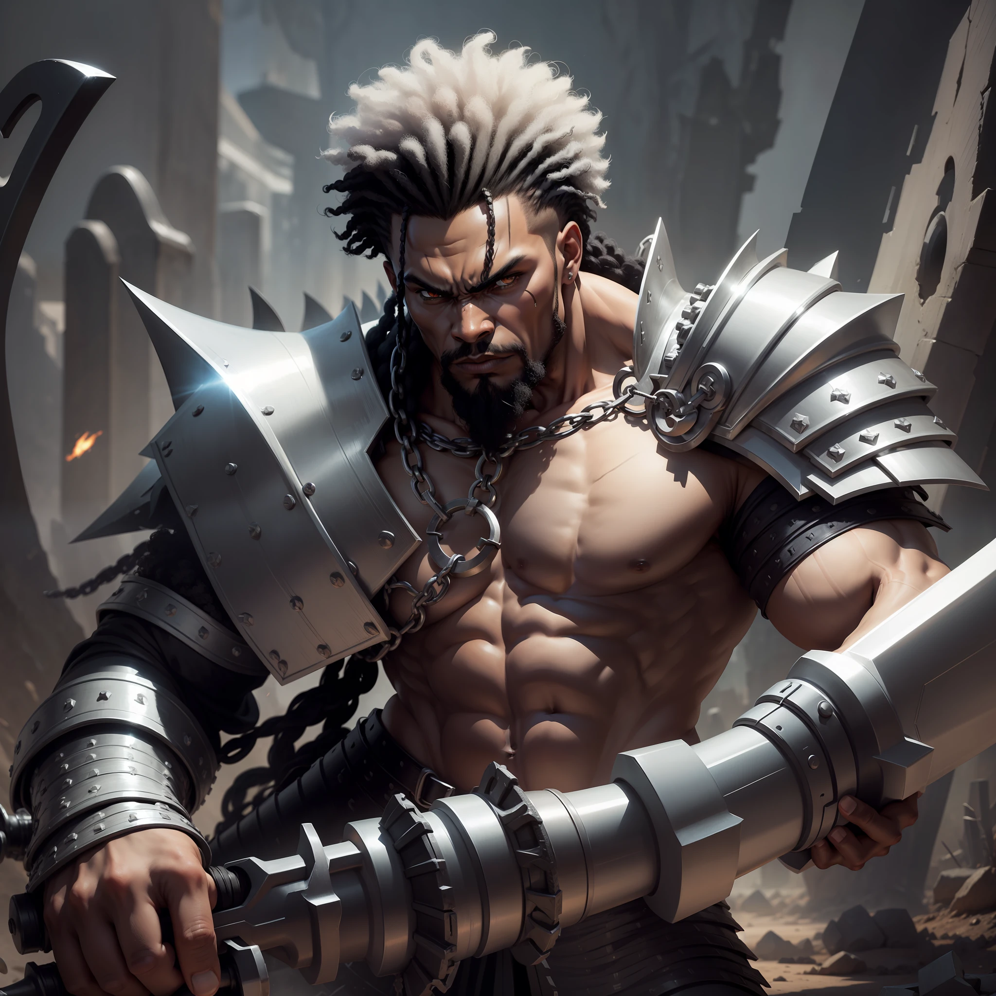 a full body low angle shot of a intimidating grey skin with a black power hair warrior holding one warhammer using a chainmail armor, afro hair