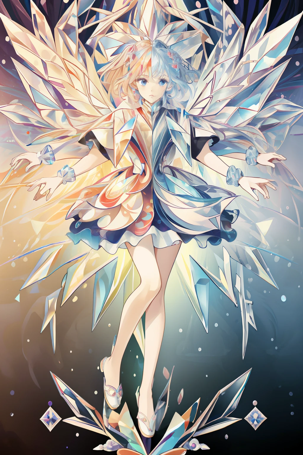 ((best quality)), ((masterpiece)), (detailed),1girl,solo,angel, quan,full body,colorful, extremely detailed CG unity 8k wallpaper, intricate details, kaleidoscopic imagery, symmetrical patterns, vibrant colors, geometric shapes, mesmerizing designs, optical illusions, dynamic composition, pantomime art, crystallineAI