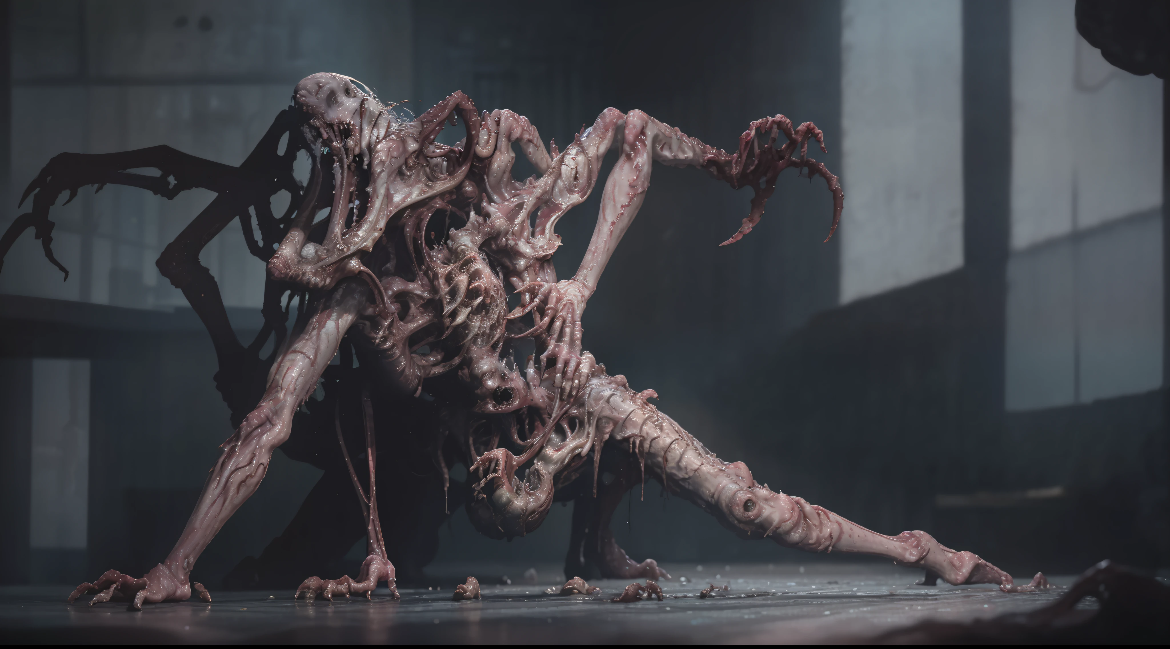 Shapeless woman with twisted arms dragging across the floor, clothes torn into strips, claws in her hands, delicate and sad face, twisted body, mutation, grotesque, scary, lovecraft, filthy and gloomy room with moldy walls, crucifix hanging on the wall, puddle, garbage on the floor, untidy and filthy old bed, ghostly light