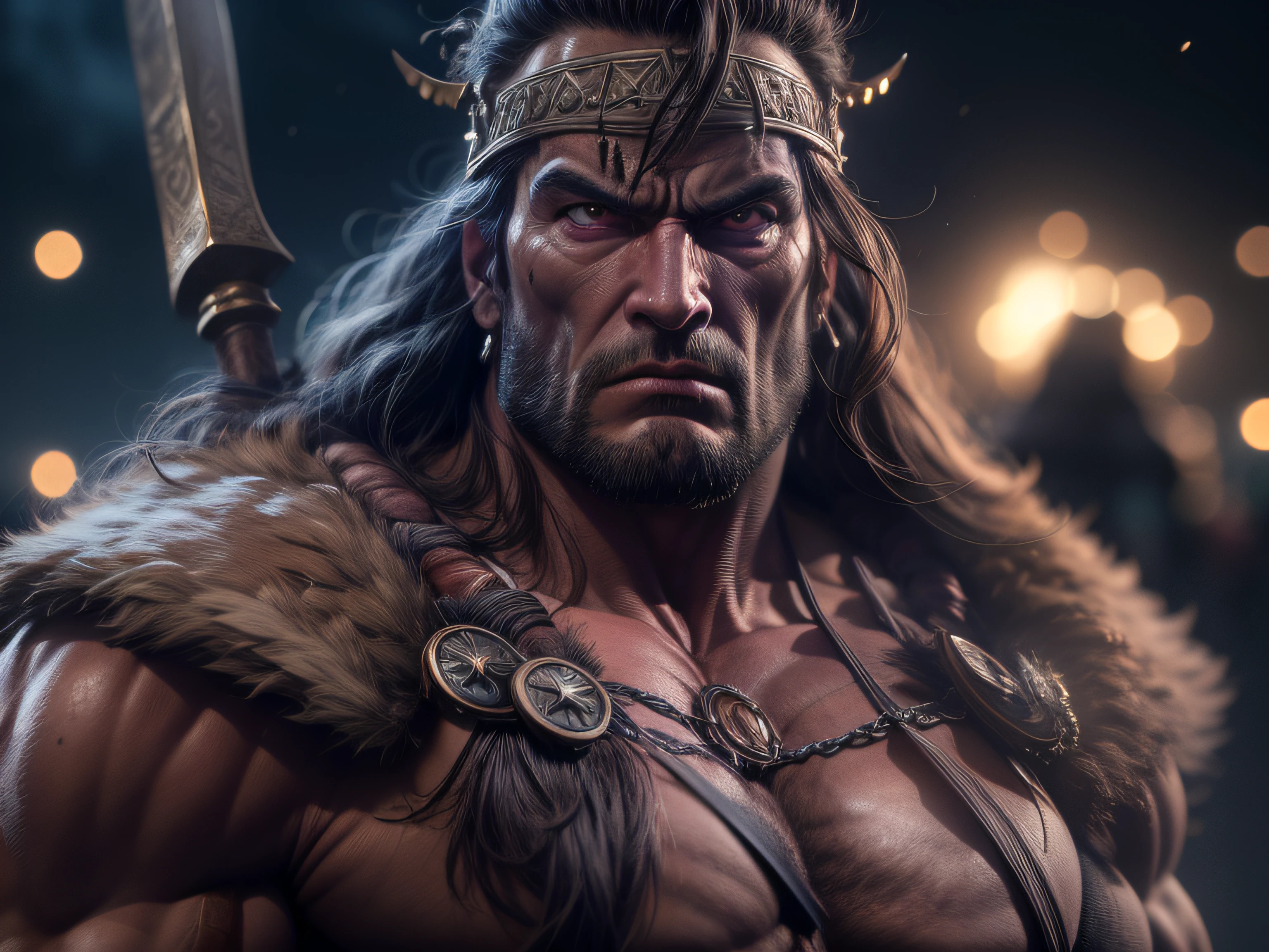 Closeup on Conan's powerful threat, the Barbarian,, menacing stare, ricamente detalhado, Hiper realista, 3D-rendering, obra-prima, NVIDIA, RTX, ray-traced, Bokeh, Night sky with a huge and beautiful full moon, estrelas brilhando, 8k,