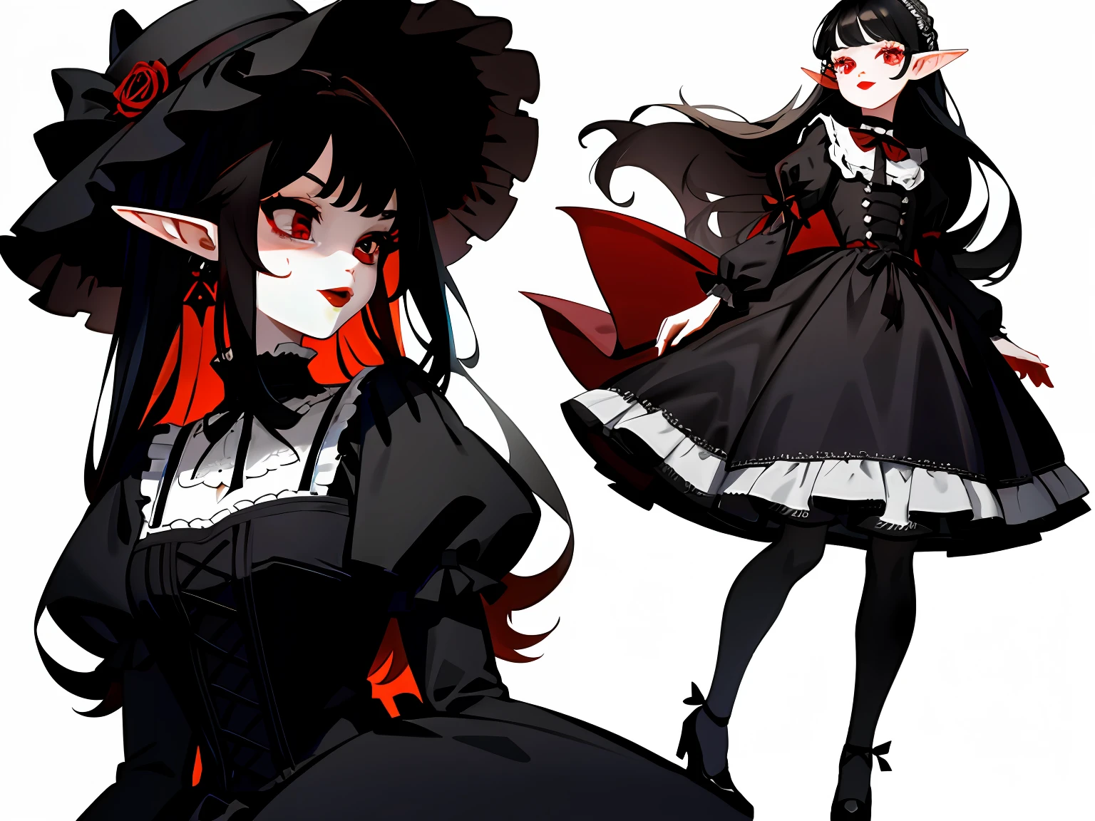 Masterpiece: 1.6, best quality: 1.4, live image: 1.2, intricate details: 1.2, graphicsournerv2: 1.2, 1lady full body character change,
Appearance: doll girl, Dolly, black color gothic lolita dress, vampire, red color eyes, long black hair, red lips, elf ears, doll body, delicate appearance,
(single background, white background: 1.3), multiple views, multiple views of the same character with the same outfit: 1.3.