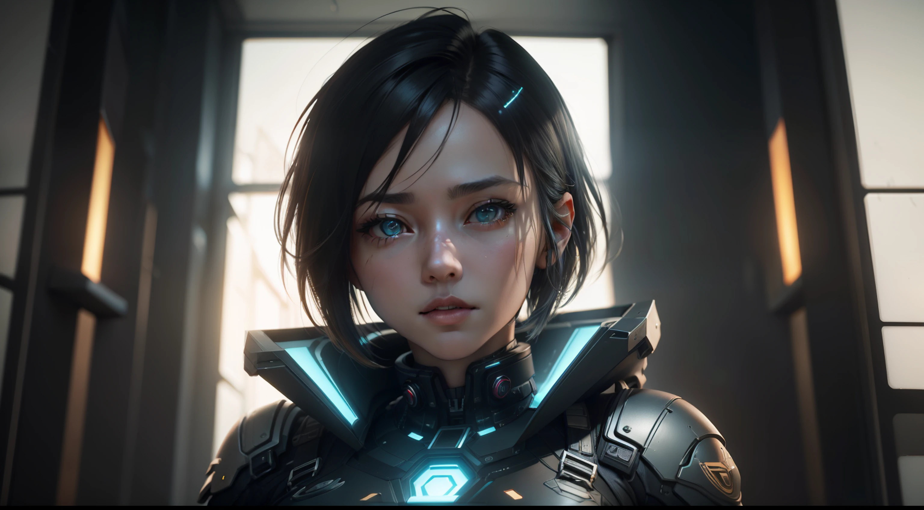 ((best qualtiy)), ((tmasterpiece)), (the detail:1.4), 3D, A beautiful cyberpunk female image,Short personality hair,HDR(HighDynamicRange),Ray traching,NVIDIA RTX,Super-Resolution,Unreal 5,Subsurface scattering、PBR Texture、post-proces、Anisotropy Filtering、depth of fields、maximum definition and sharpness、Many-Layer Textures、Albedo e mapas Speculares、Surface Coloring、Accurate simulation of light-material interactions、perfectly proportions、Octane Render、Two-colored light、largeaperture、Low ISO、White balance、the rule of thirds、8K RAW、