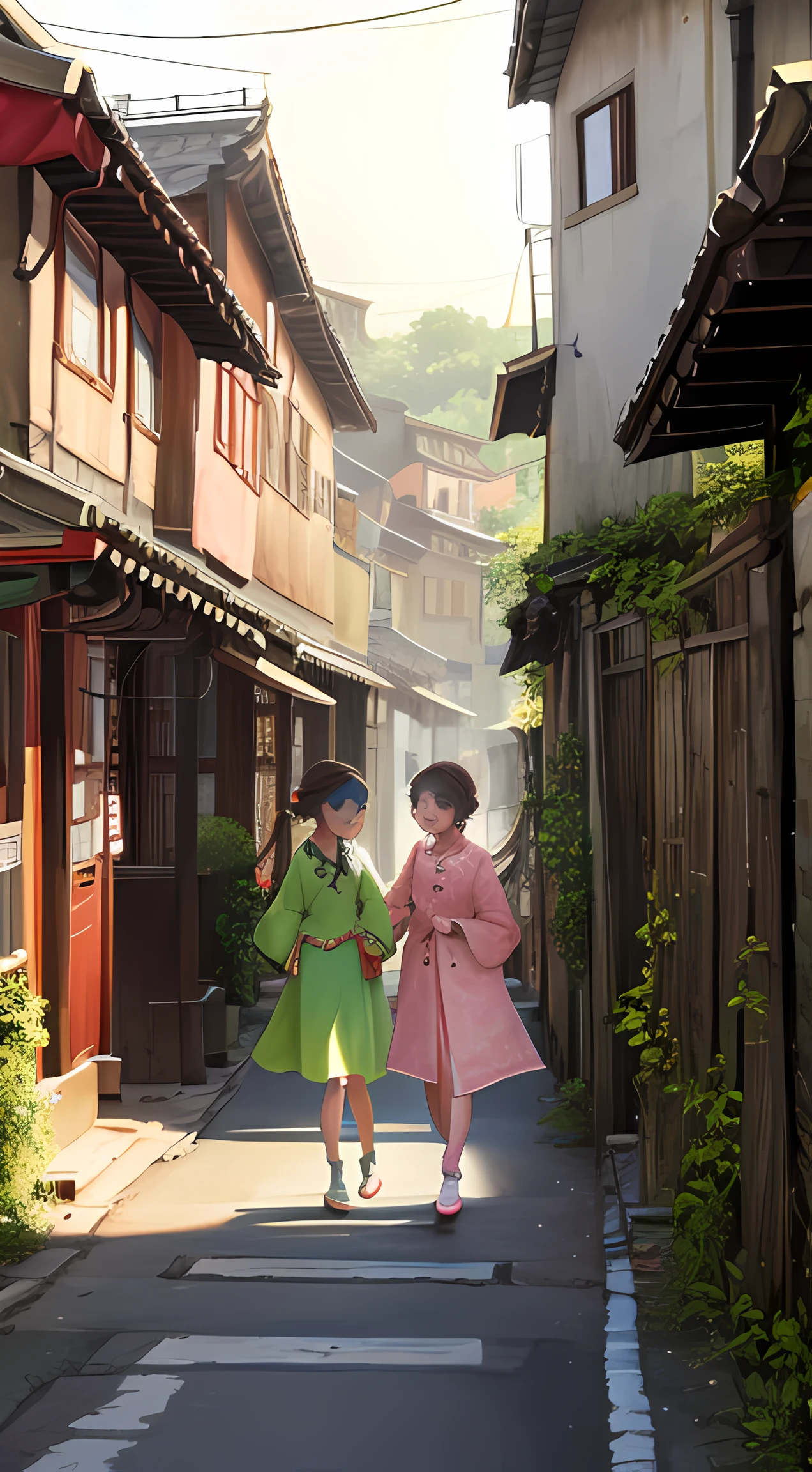 On the village road, three girls dressed in Chinese clothes were exchanging ears, and one of them looked at the camera and covered her mouth and smiled
