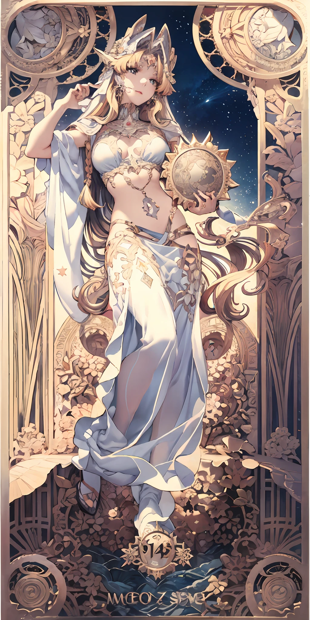 venus goddess, full bodyesbian, Flower frame, Decorative panels, abstract artistic, Alphonse Mucha (tmasterpiece, best qualtiy, A high resolution: 1.4), A detailed, Complicated details, 4K, Color splattering, Line art, Fibonacci, starrysky, natta, exteriors, Clouds, Reflectors, Eau, magick, (tarot cards),Cards, ((beautiful golden crystal star)) buliding, palaces, Patterned, Sumeru, Clouds, themoon