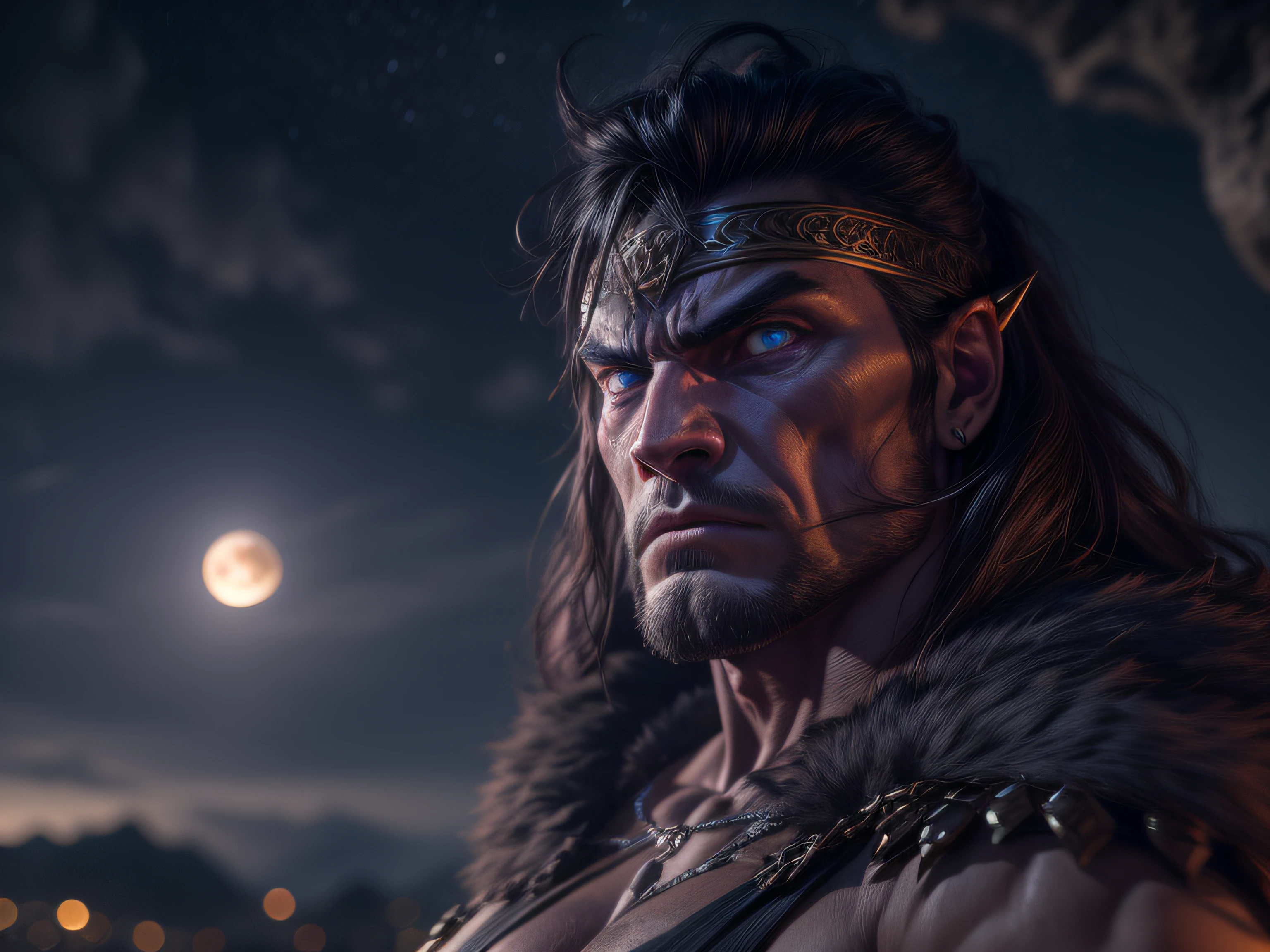 Closeup on Conan's powerful threat, the Barbarian,, menacing stare, ricamente detalhado, Hiper realista, 3D-rendering, obra-prima, NVIDIA, RTX, ray-traced, Bokeh, Night sky with a huge and beautiful full moon, estrelas brilhando, 8k,